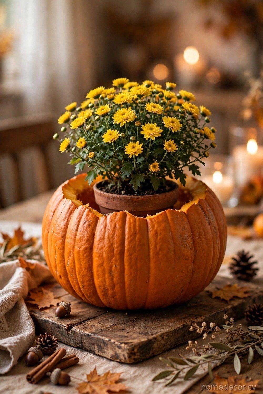 Hollowed Pumpkin Planter Centerpiece