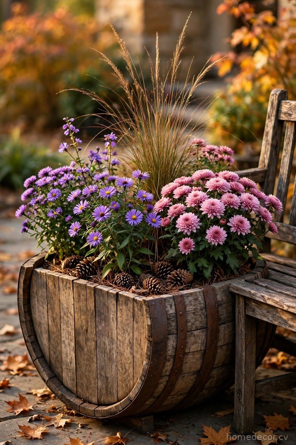 Barrel Planter with Chrysanthemums and Asters