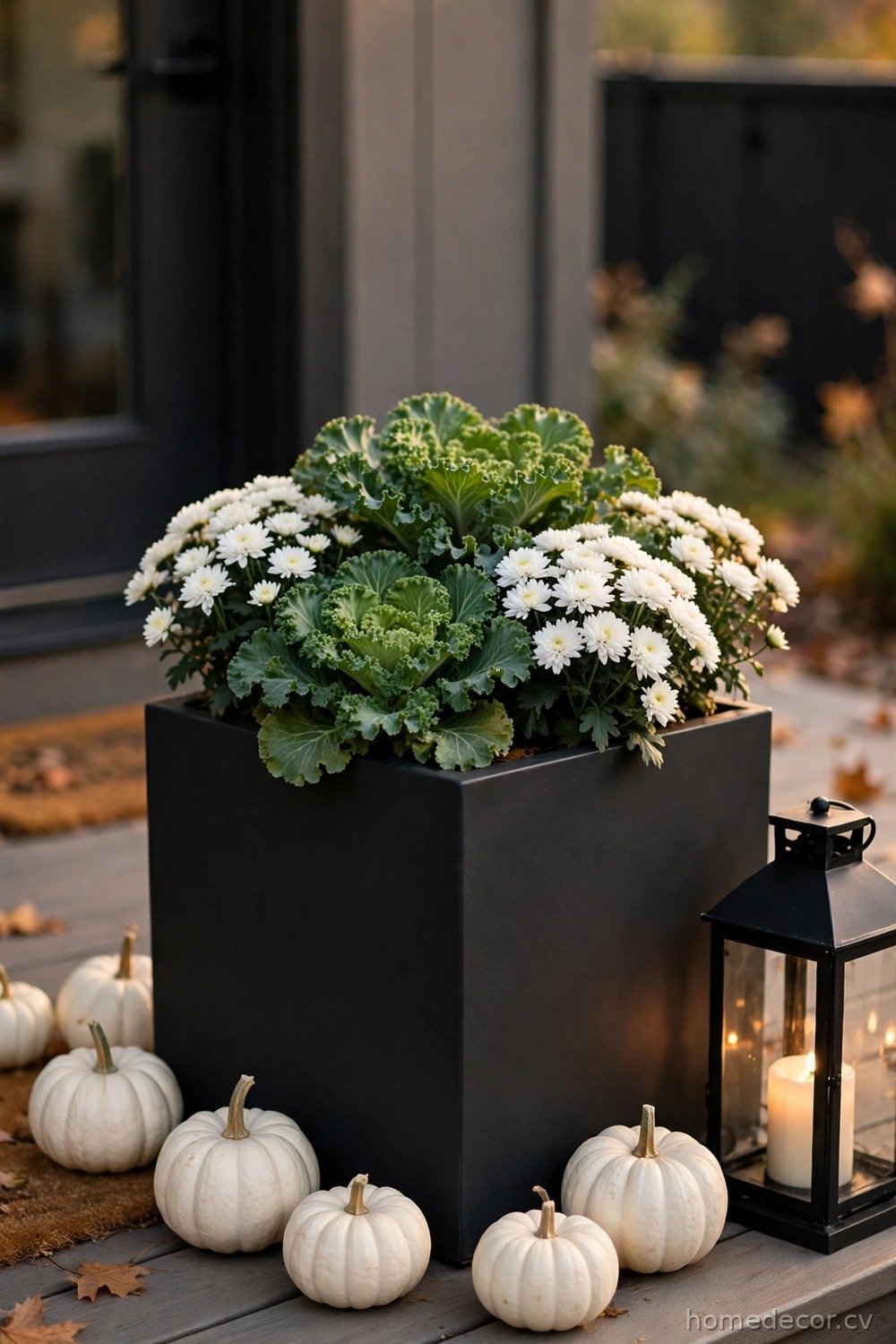 Modern Black Planter with White Pumpkins