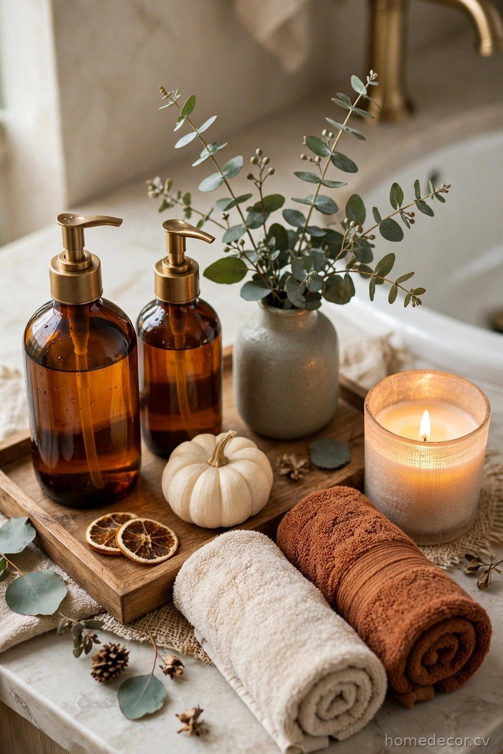 Bathroom Vanity Tray with Eucalyptus and Amber Bottles