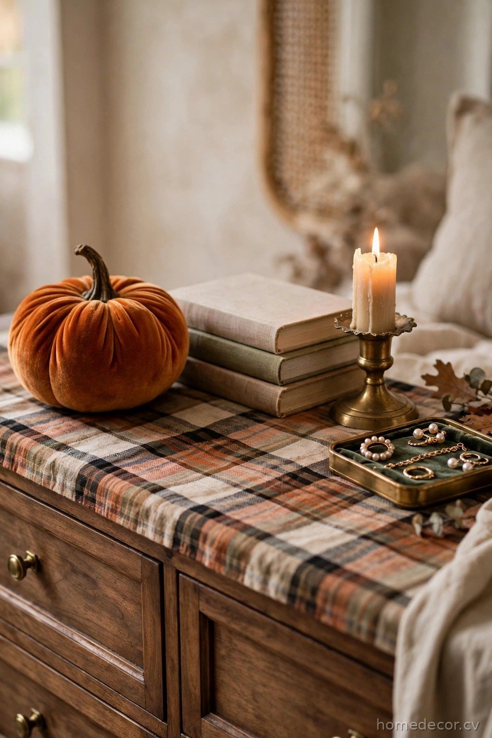Bedroom Dresser with Candlelight and Soft Textiles