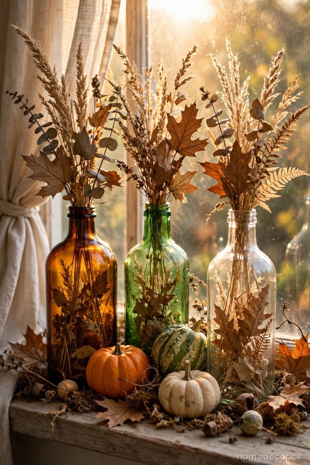 Window Sill Harvest Vignette with Glass Bottles