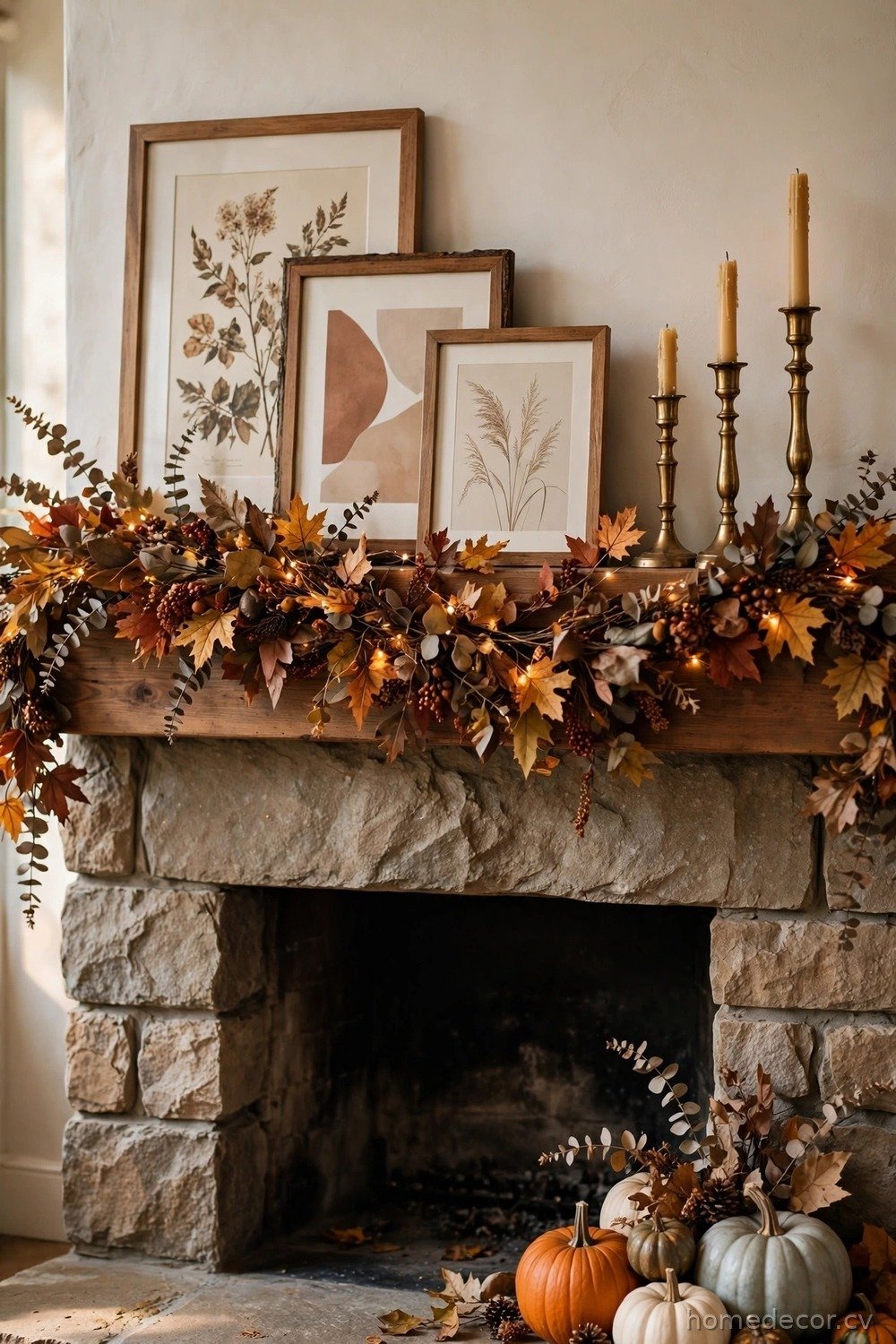Fireplace Mantel with Layered Frames and Garland
