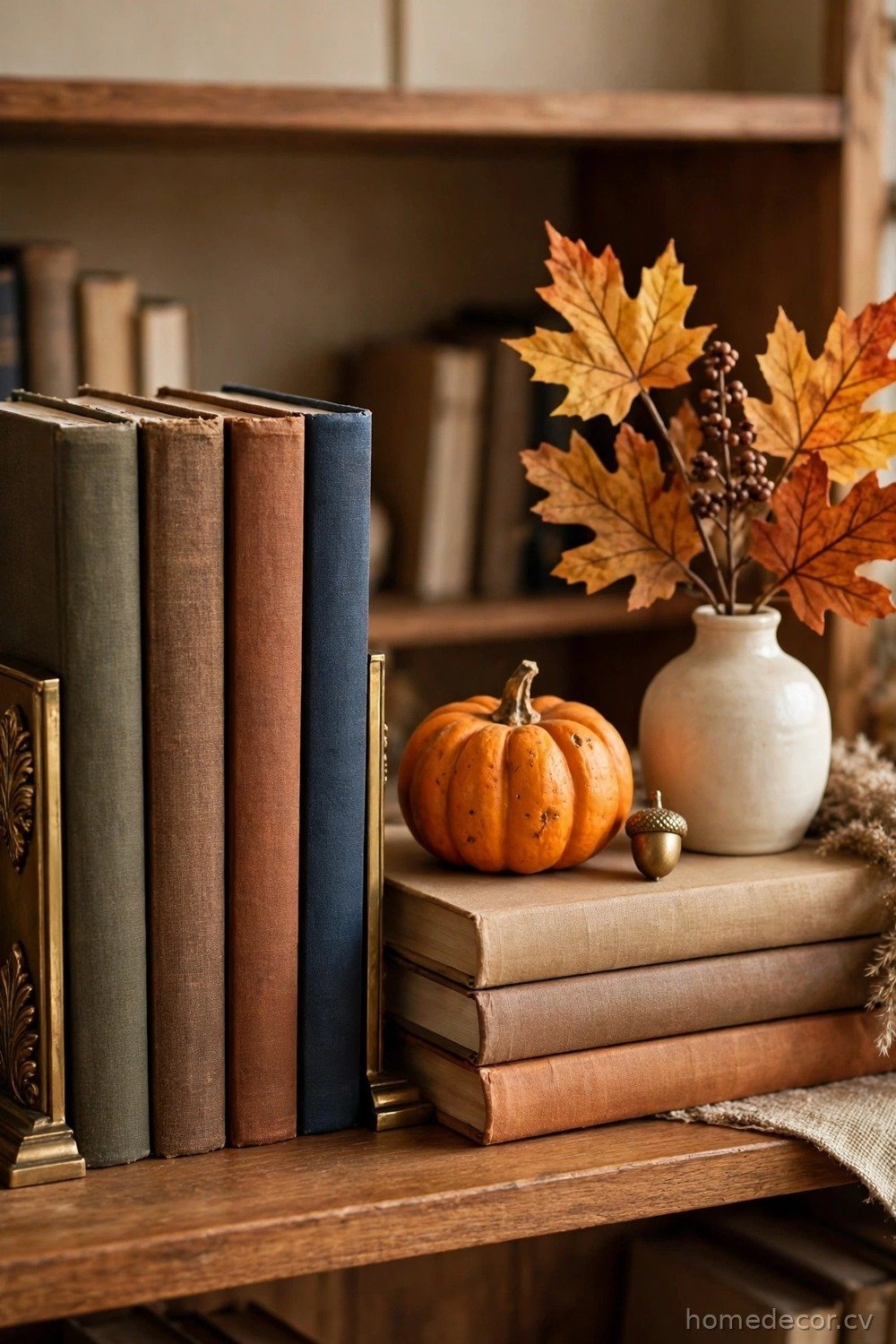 Bookshelf Vignette with Brass, Books and Leaves