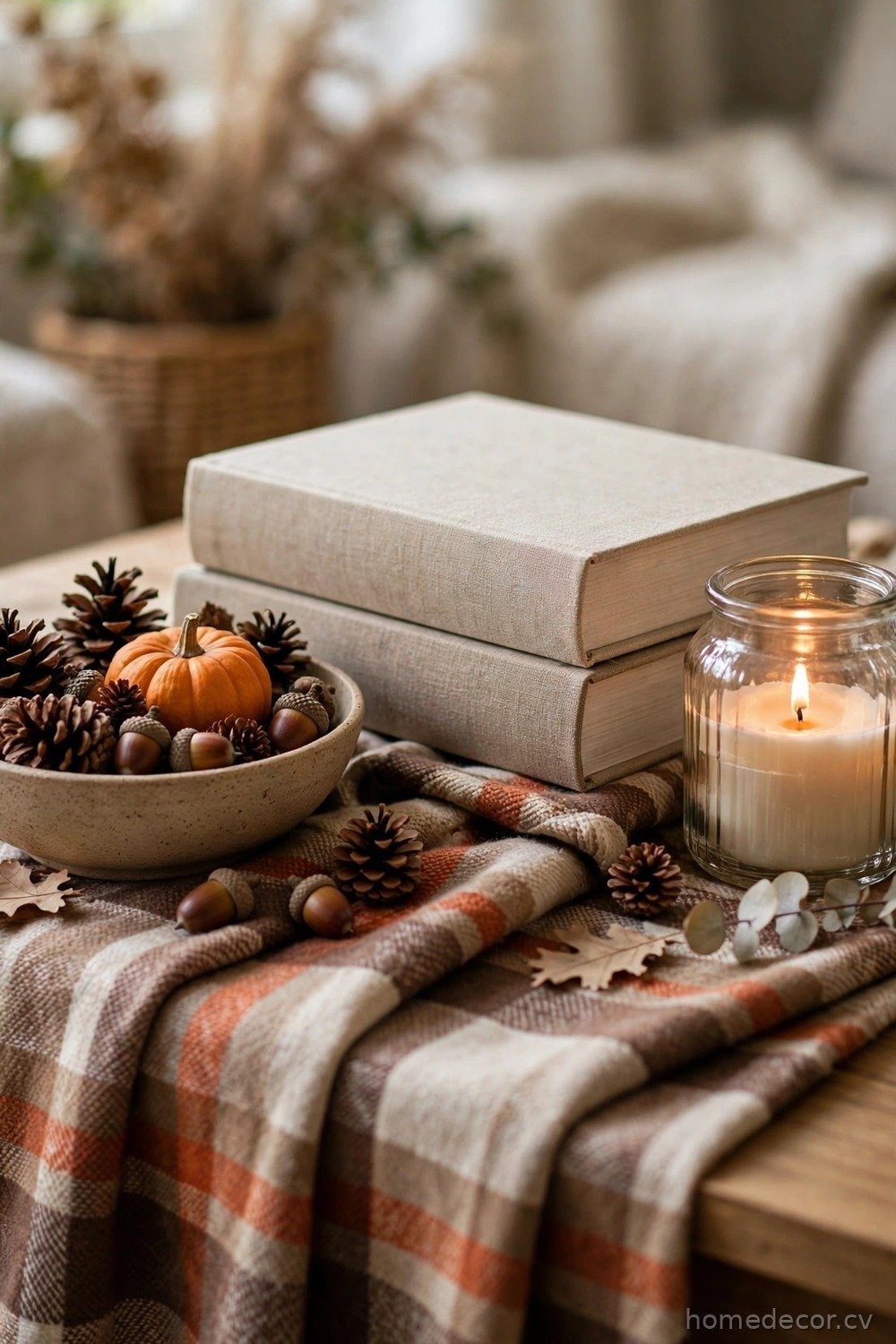 Coffee Table Stack with Plaid, Pinecones and Books