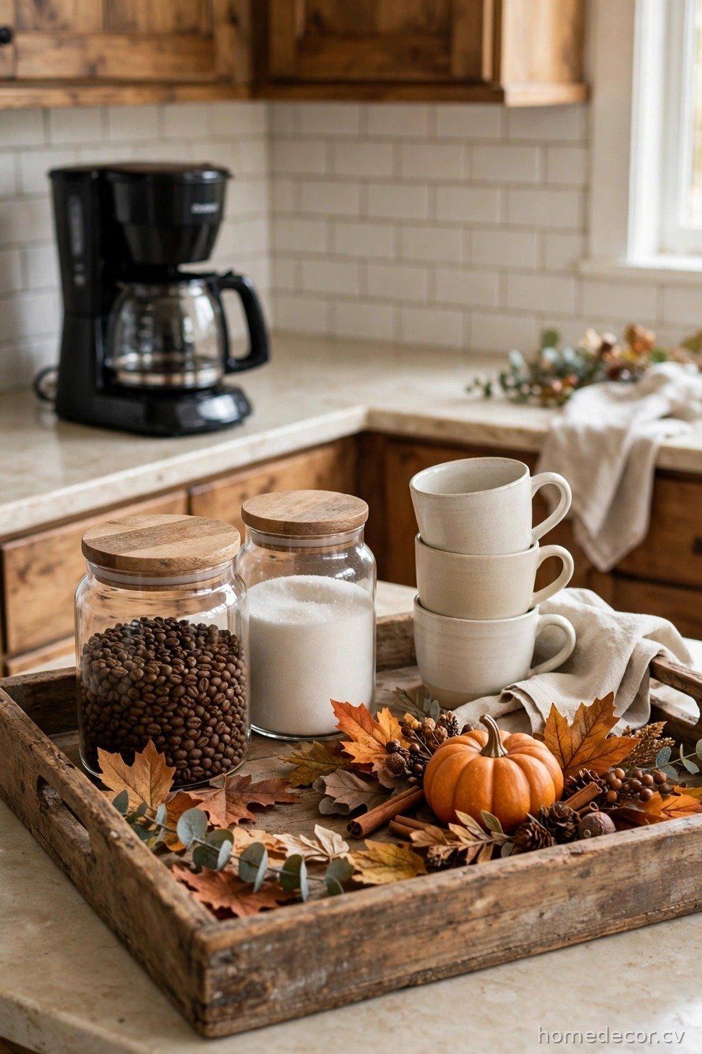 Rustic Wood Tray Coffee Station on the Counter
