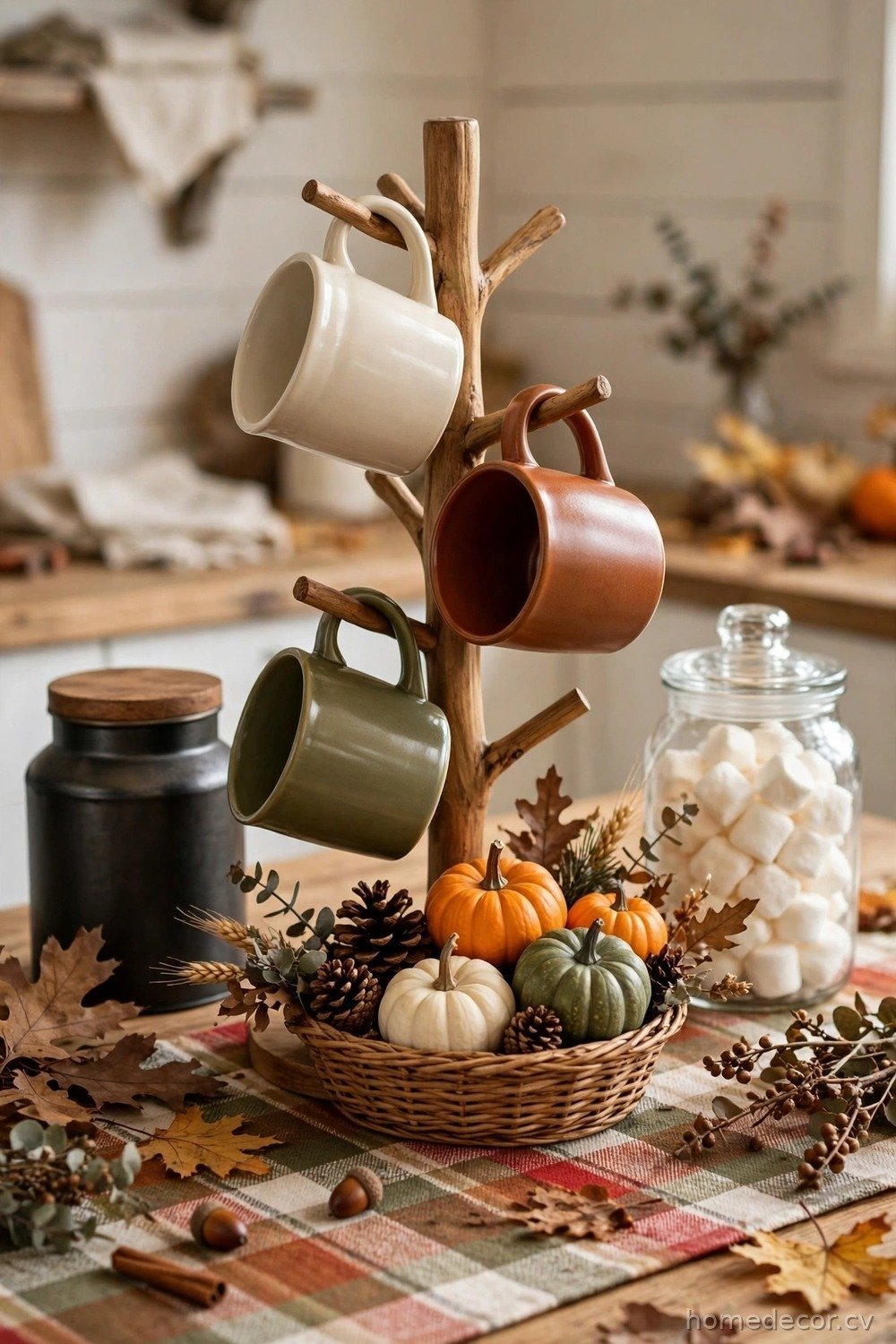 Farmhouse Mug Tree with Pumpkins and Plaid