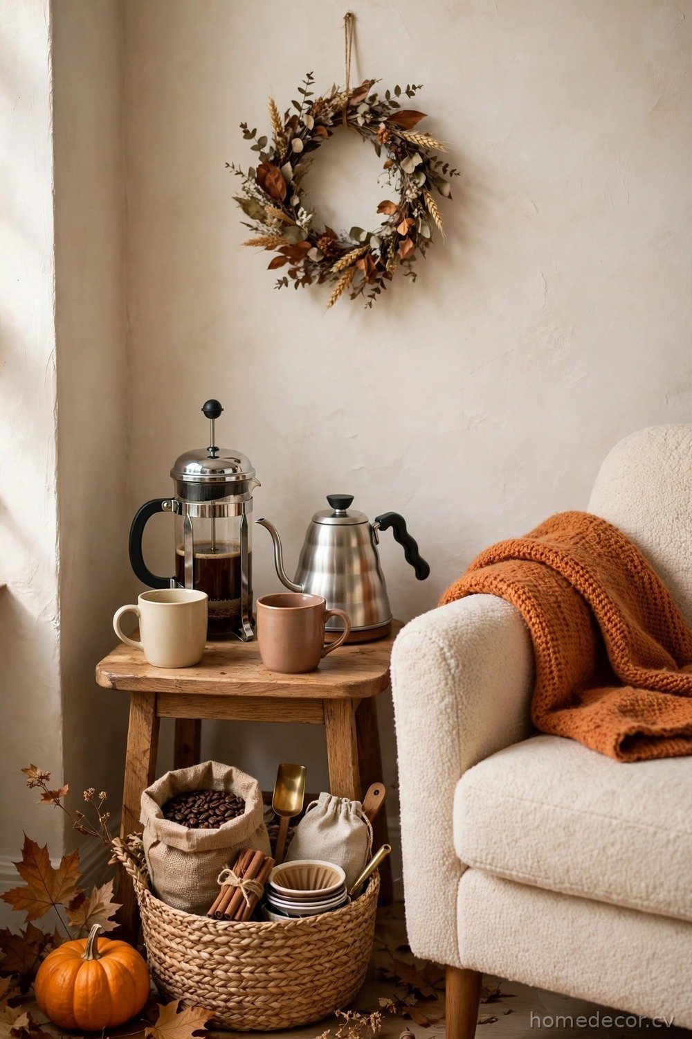 Cozy Corner Coffee Nook with a Stool and Side Table