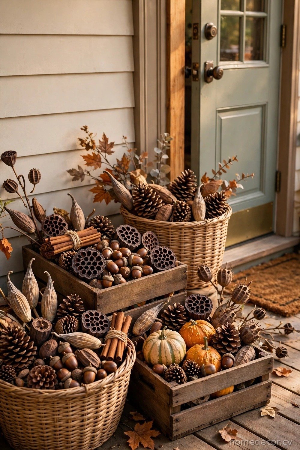 Fill Baskets with Pinecones and Gourds