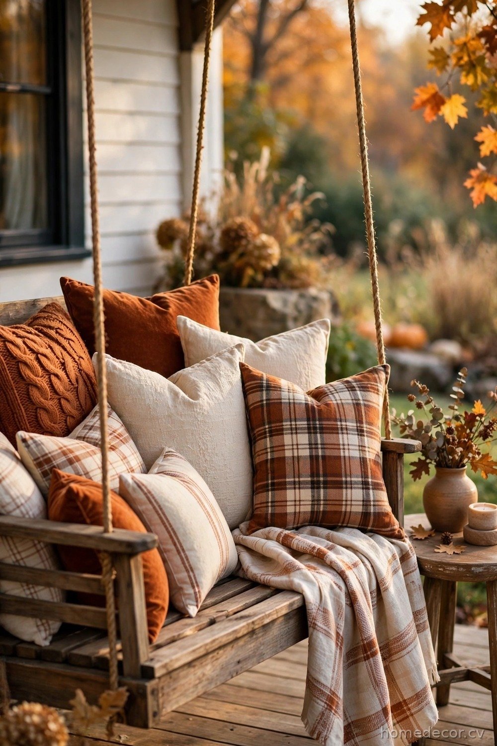 Add a Cozy Porch Swing with Fall Pillows