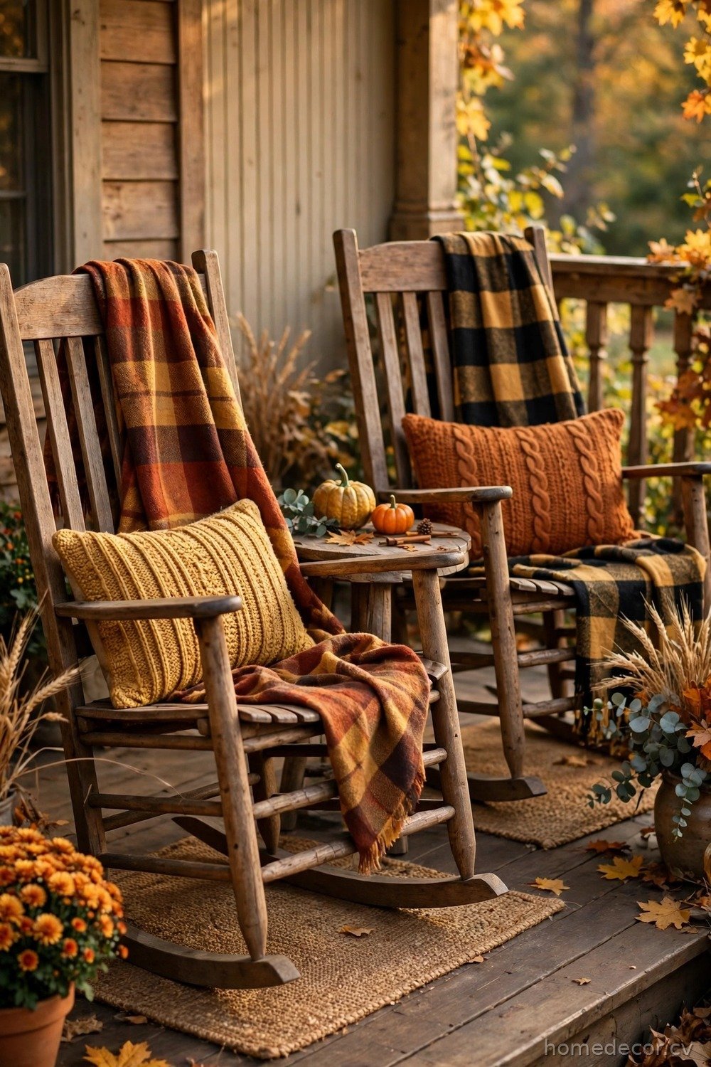 Style Cozy Rocking Chairs with Plaid Throws