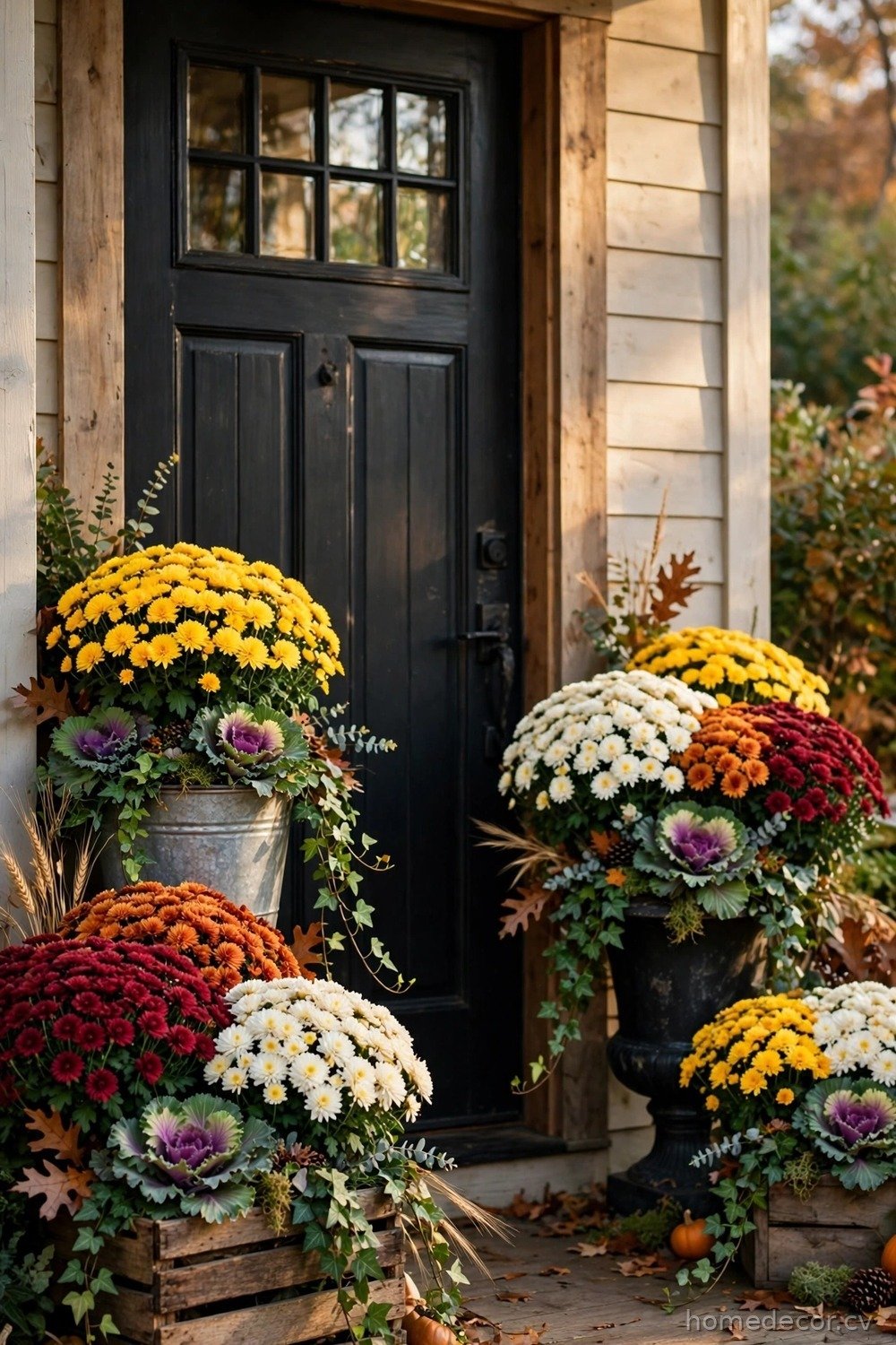 Add Mums in Rustic Planters and Urns