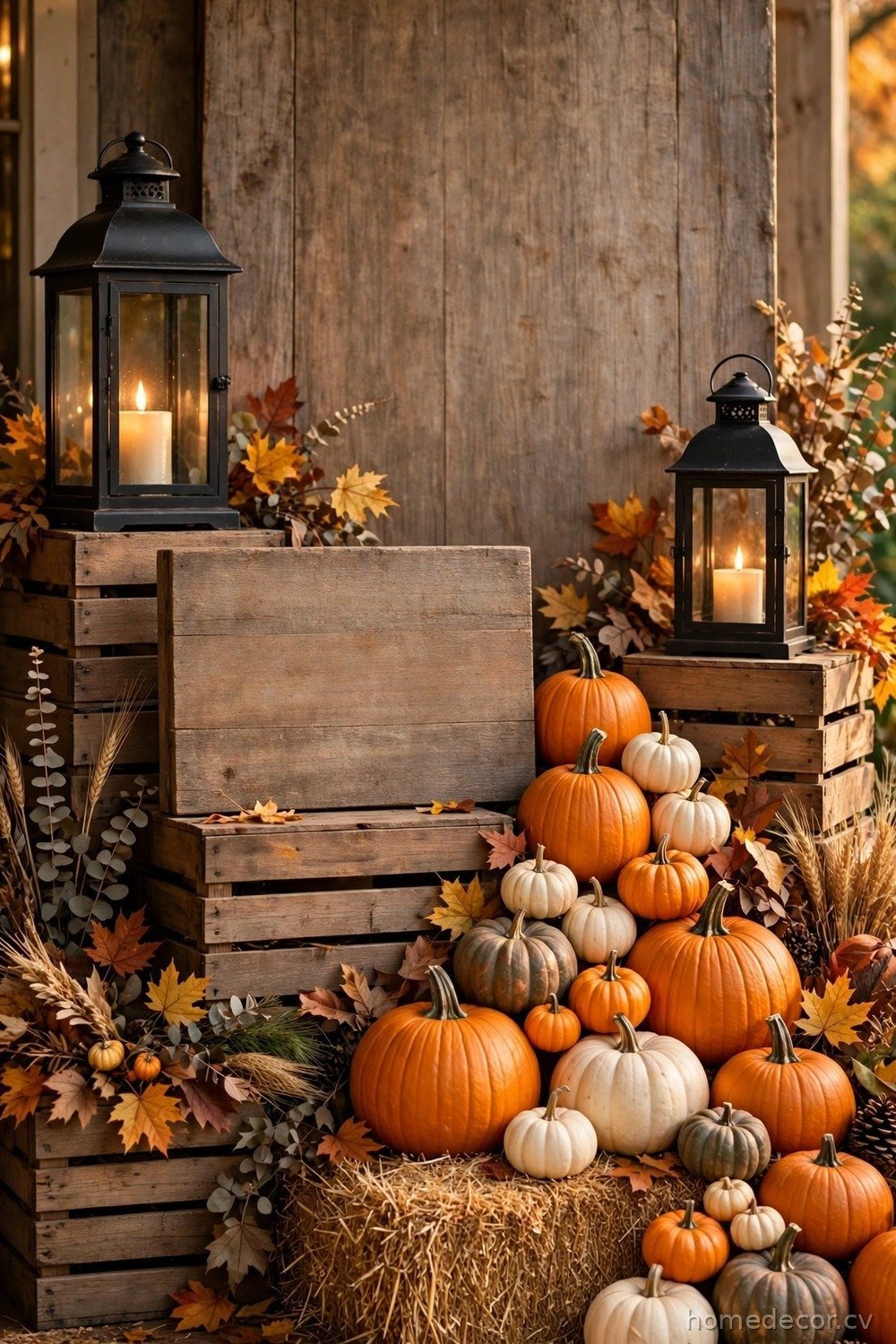 Layered Signs with Lanterns and Pumpkins