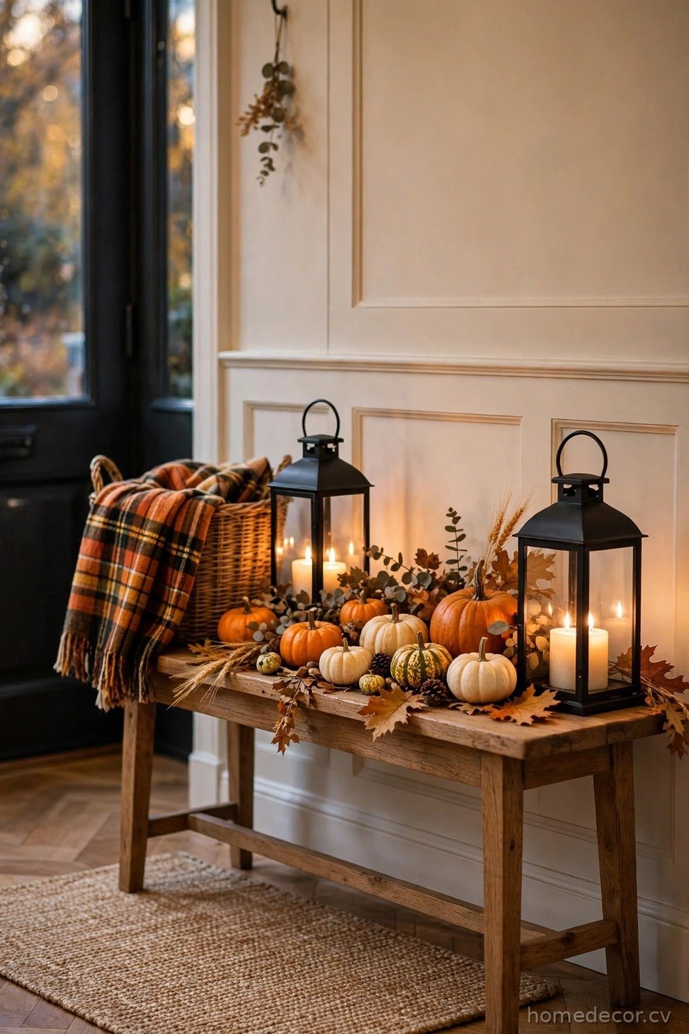 Layered Entryway Welcome With Lanterns and Plaid