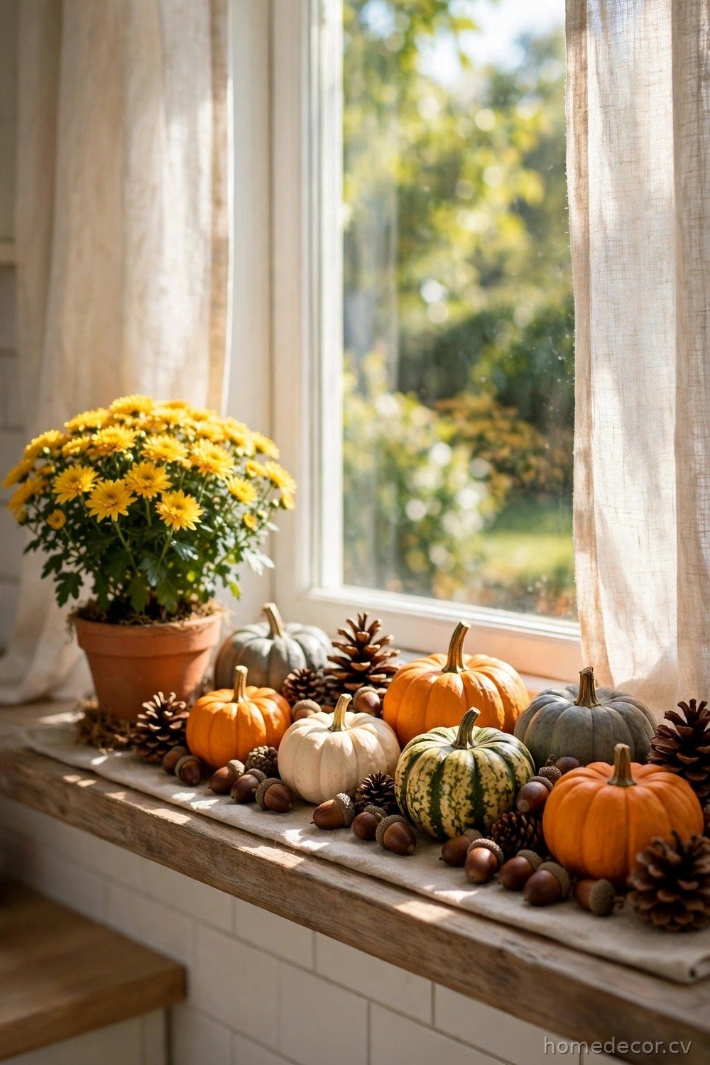 Window Sill Pumpkin and Pinecone Lineup