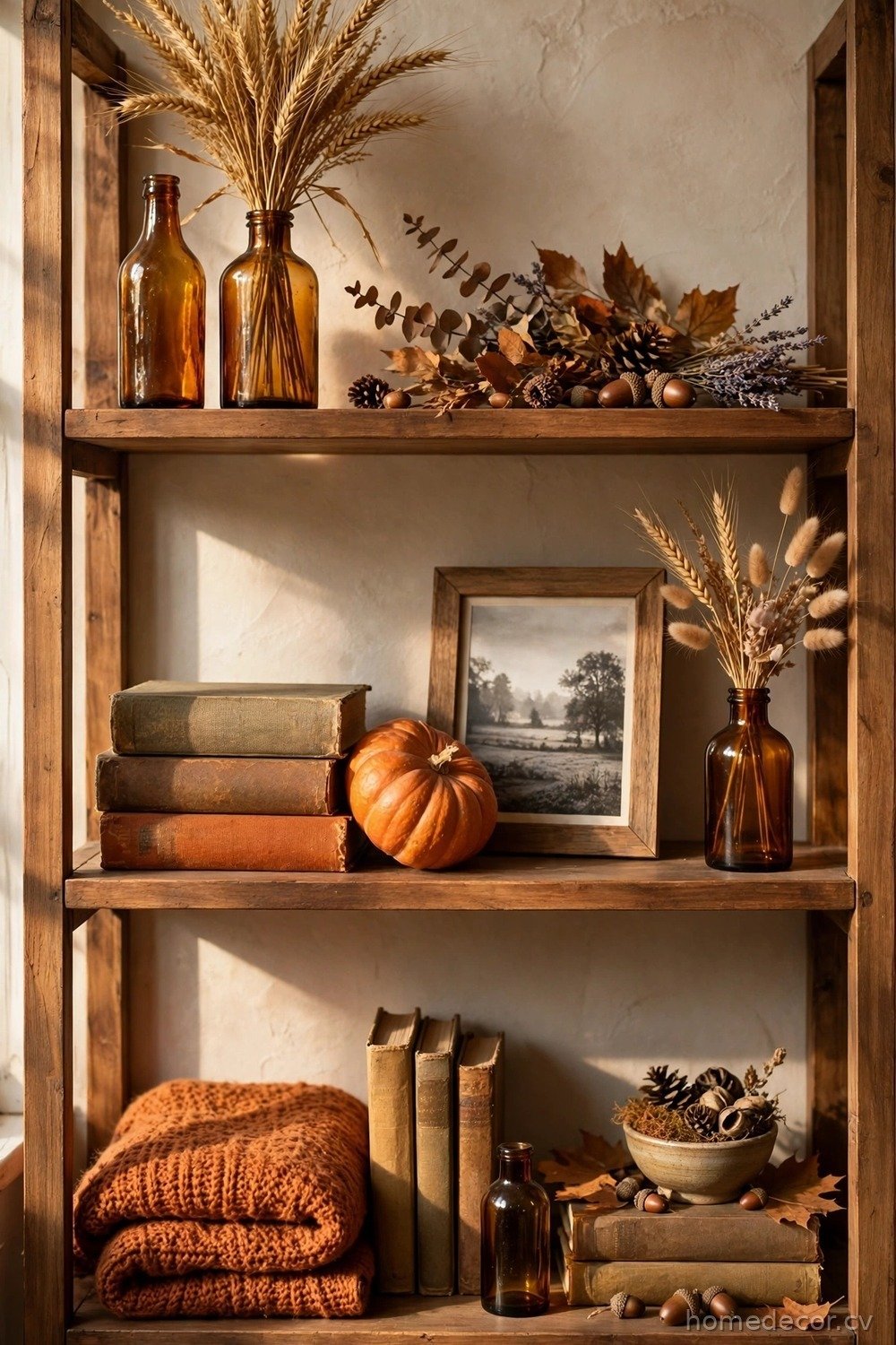 Bookshelf Styling With Vintage Amber Bottles