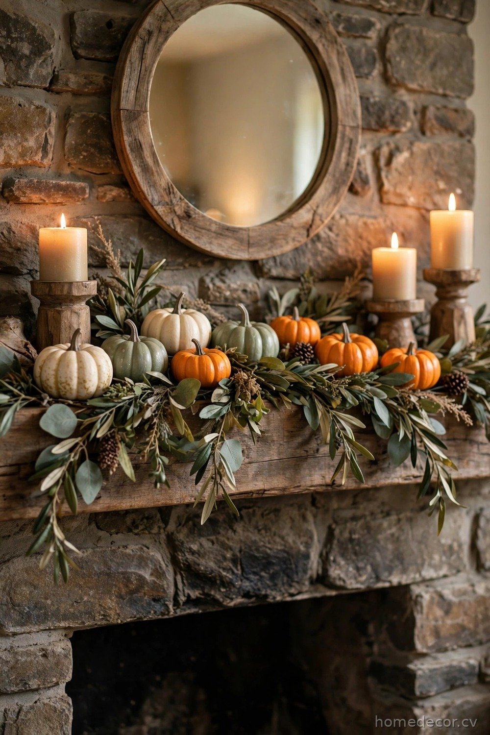 Rustic Mantel With Mini Pumpkins and Candles