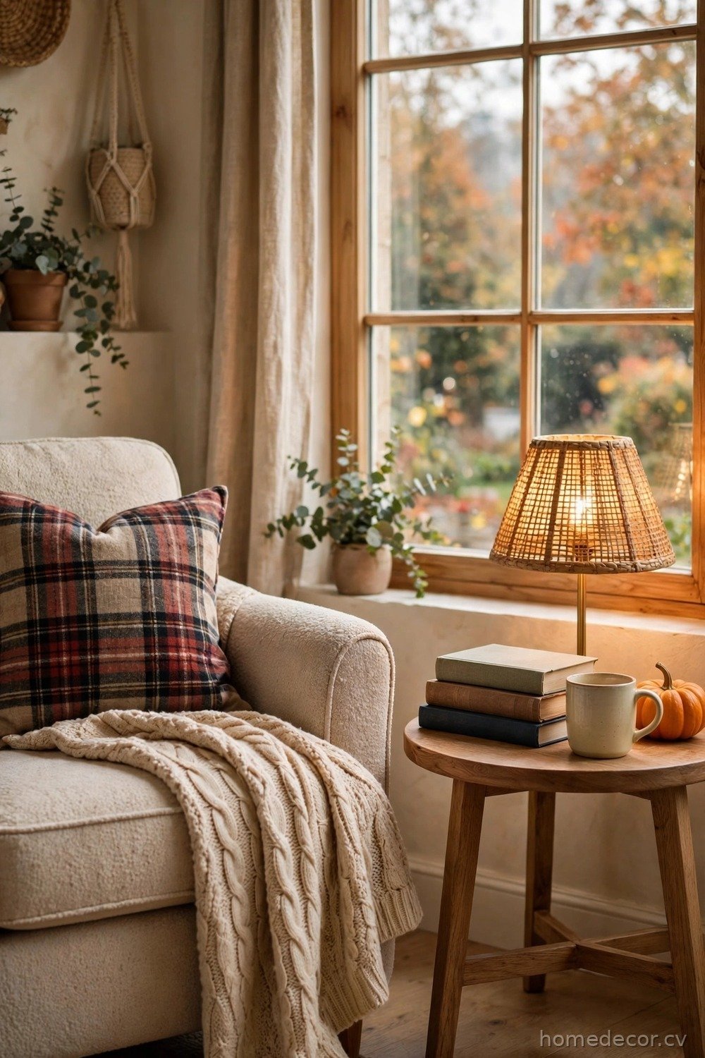 Reading Nook With Plaid Pillows and Books