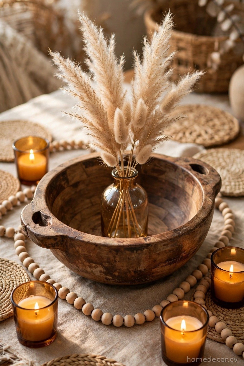 Boho Dough Bowl With Pampas and Candles