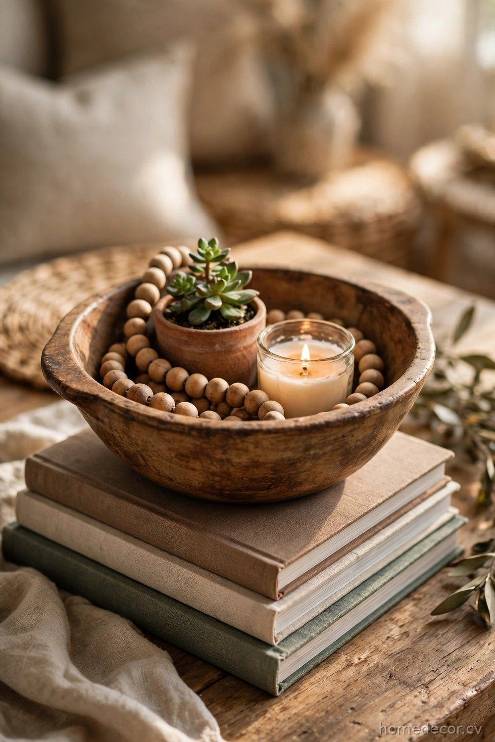Coffee Table Dough Bowl With Books and Beads