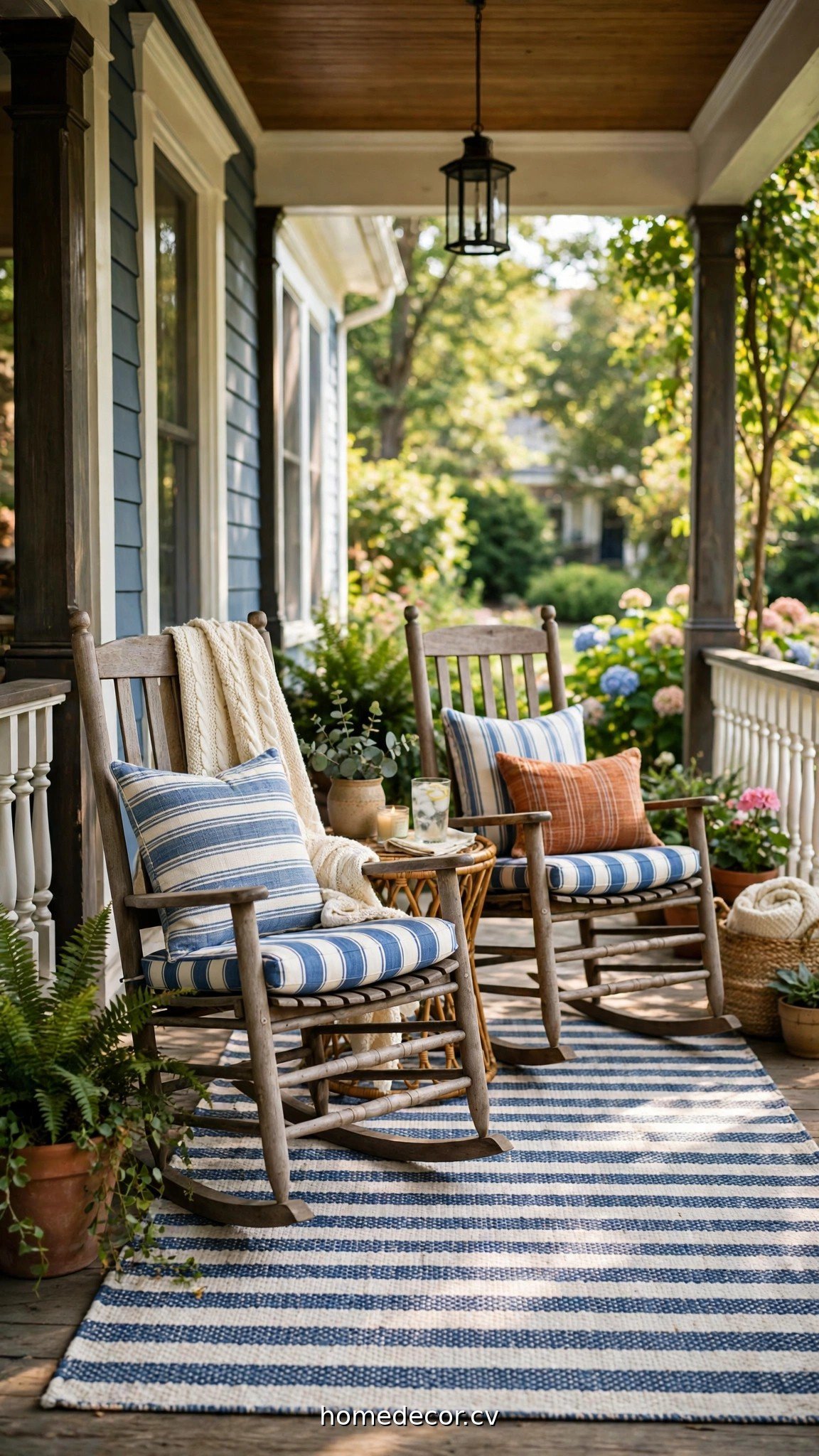 Summer front porch with rocking chairs, striped cushions and a striped outdoor rug