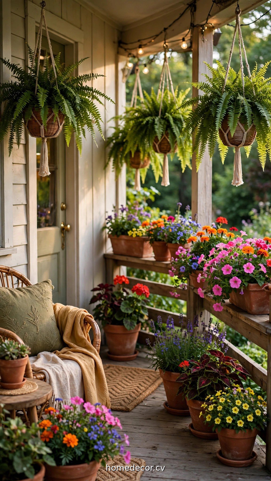 Terracotta planters with colorful summer flowers and hanging ferns on a porch