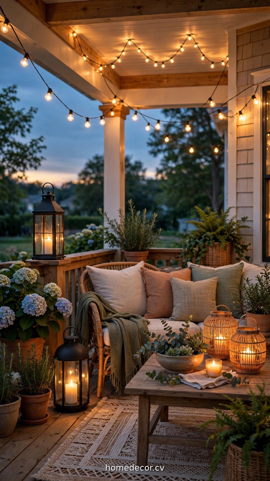 Summer porch at dusk with string lights, lanterns and glowing ambiance