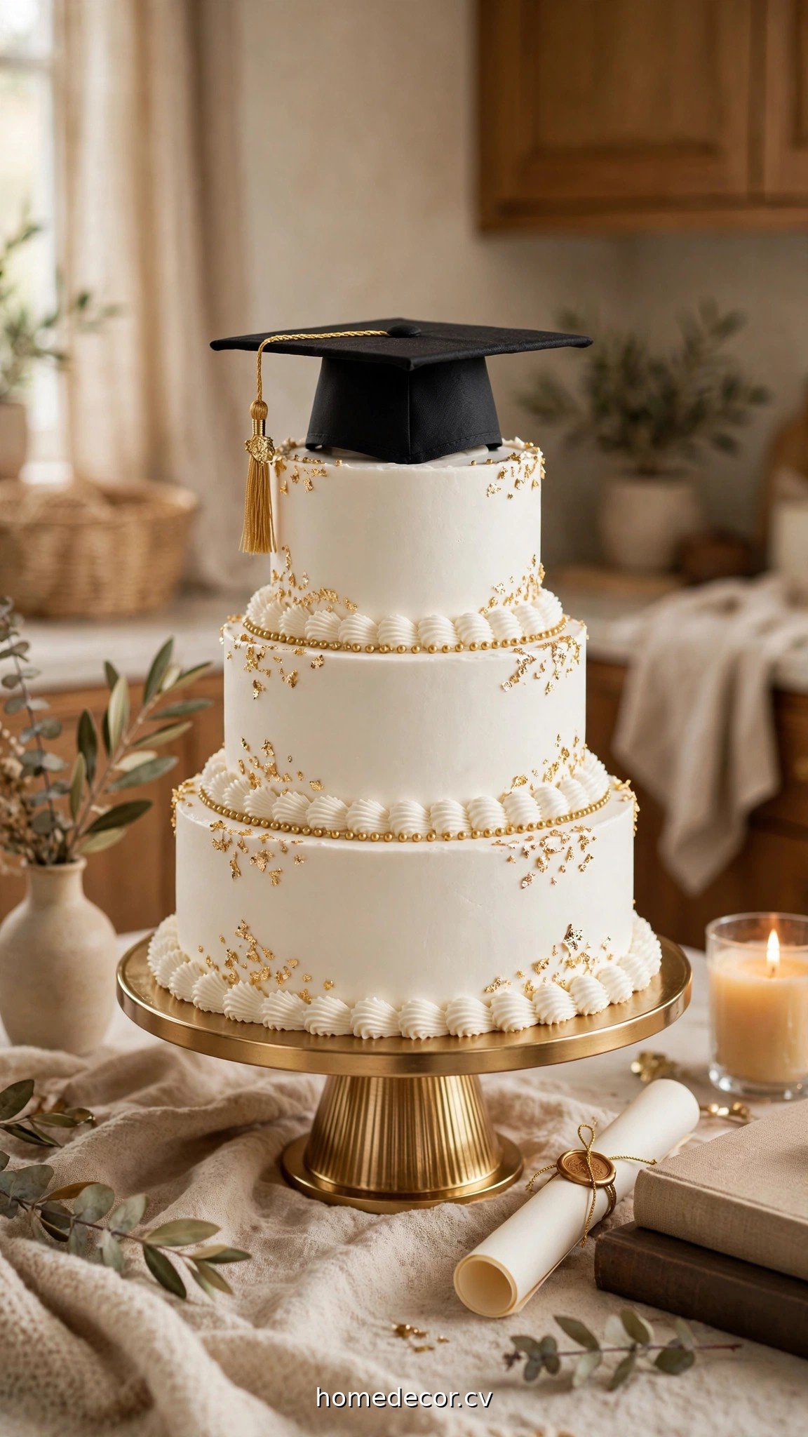 Elegant white graduation cake with black cap topper and gold details on a stand