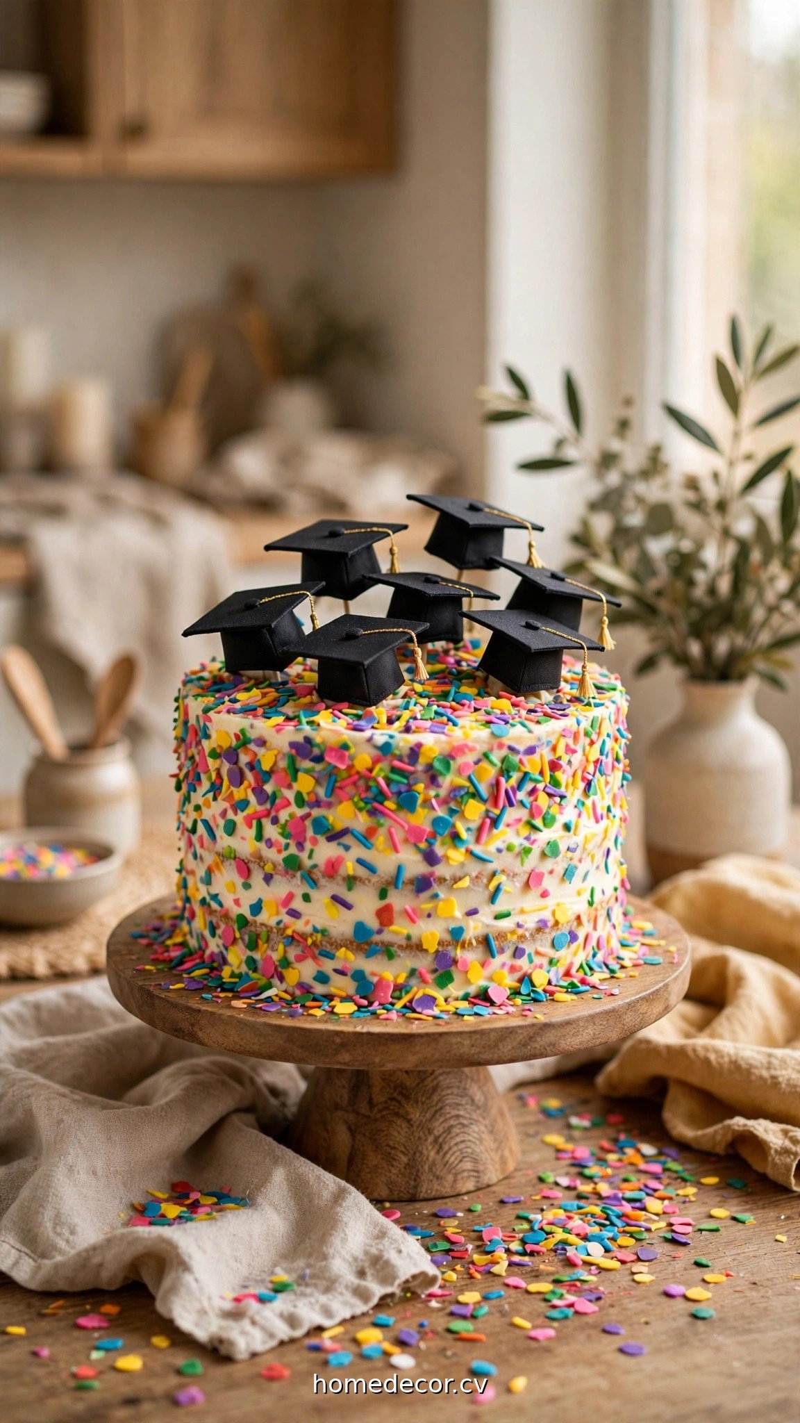 Fun graduation cake decorated with colorful confetti frosting and mini cap toppers