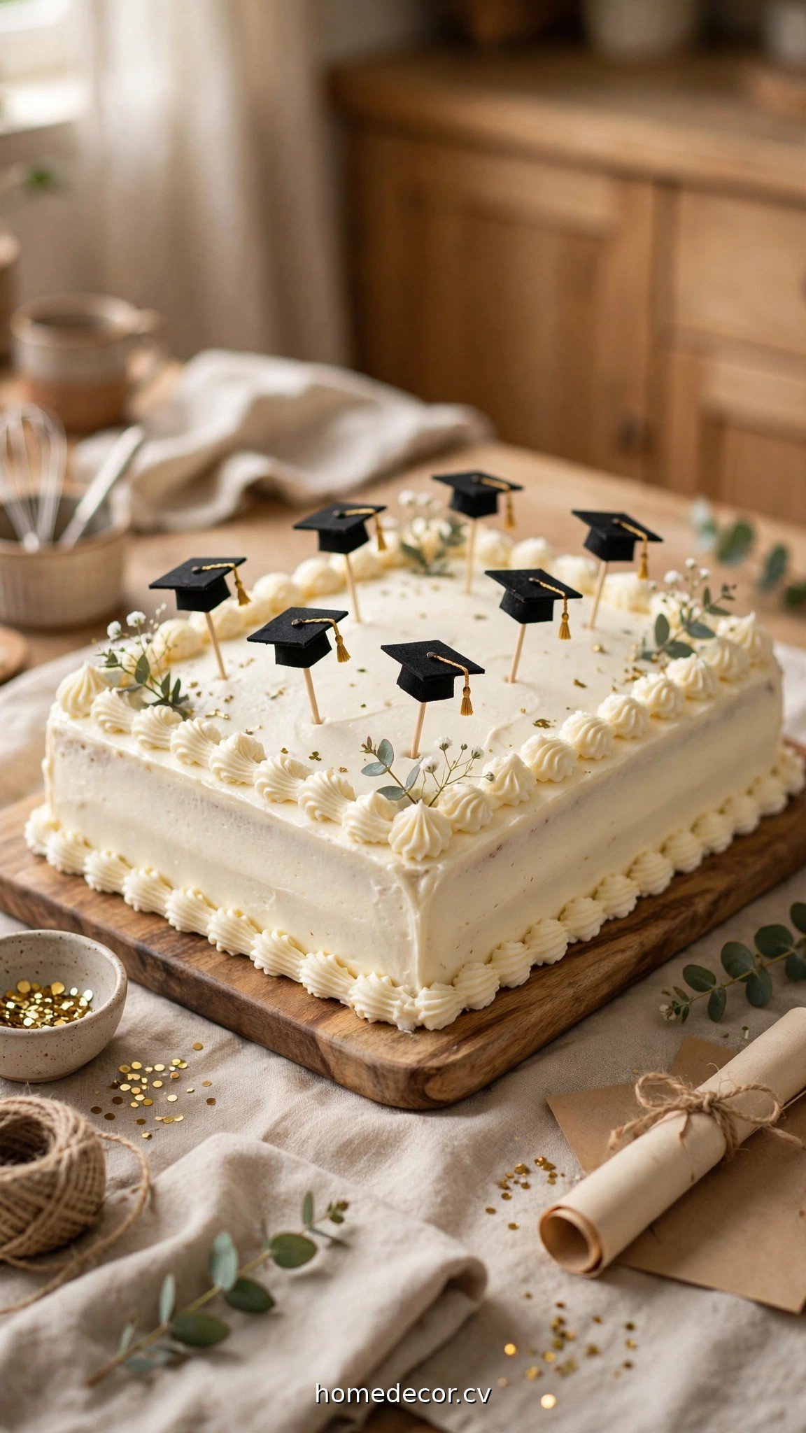 Homemade graduation sheet cake with simple piped border and cap picks