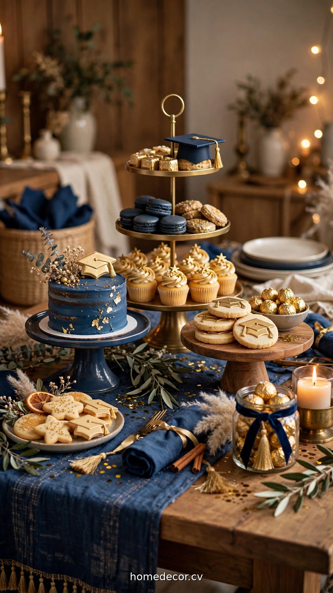 Styled graduation dessert table with tiered stands, school colors and varied heights