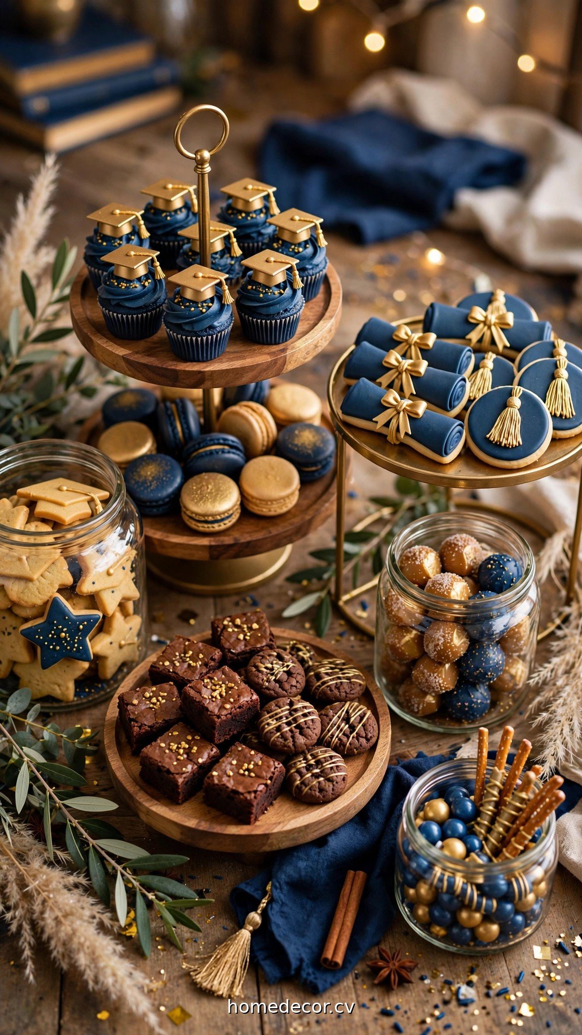 Assorted graduation desserts in school colors on tiered trays and glass jars
