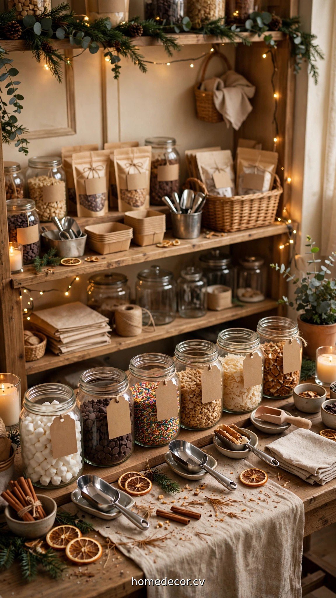 Dessert table setup with labeled jars, scoops and a replenish station behind