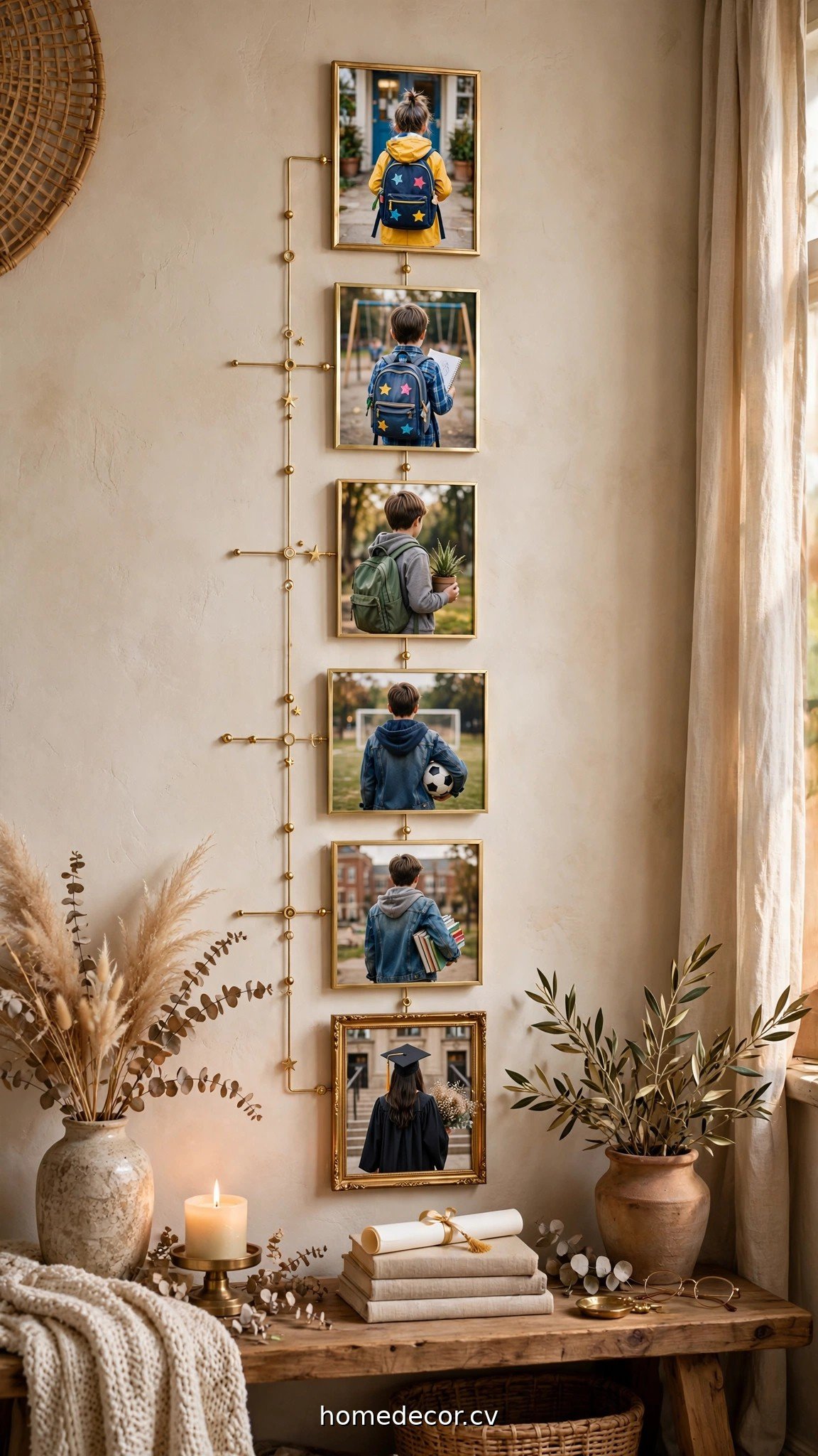 Graduation photo timeline display from kindergarten to senior year with gold accents