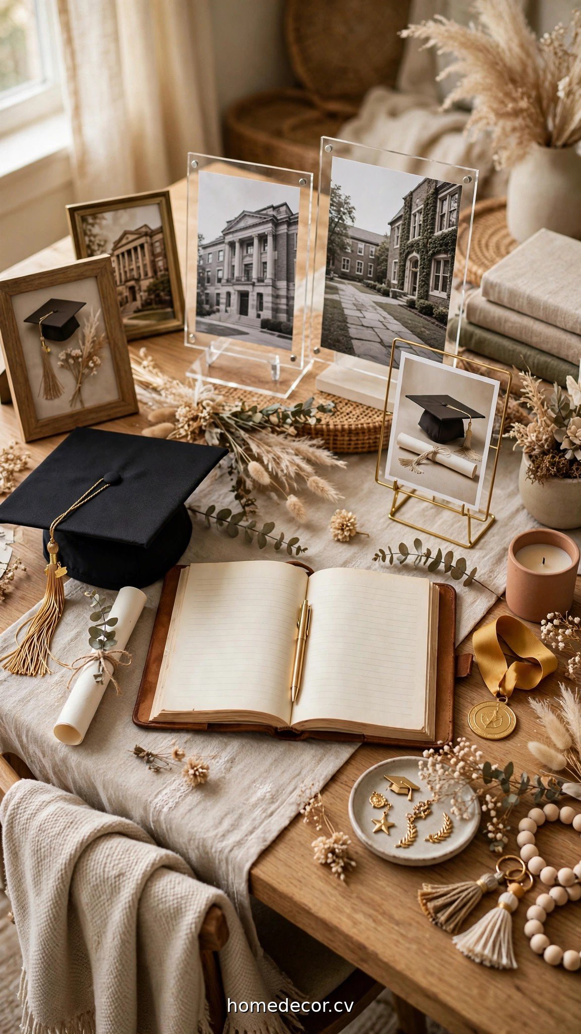 Graduation memory table with framed photos, memorabilia and a guest book