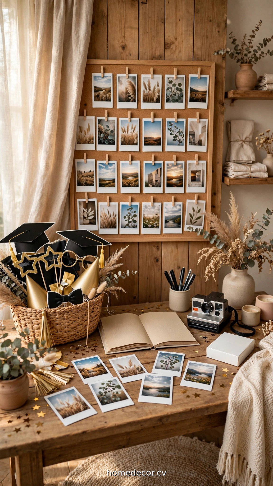Graduation photo booth with props and a polaroid guest book station