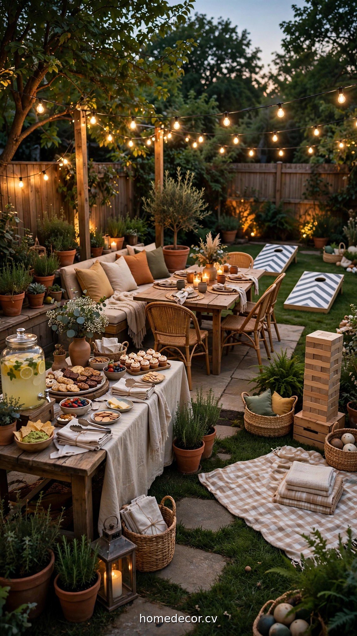 Backyard graduation party layout with distinct food, seating and game zones under string lights