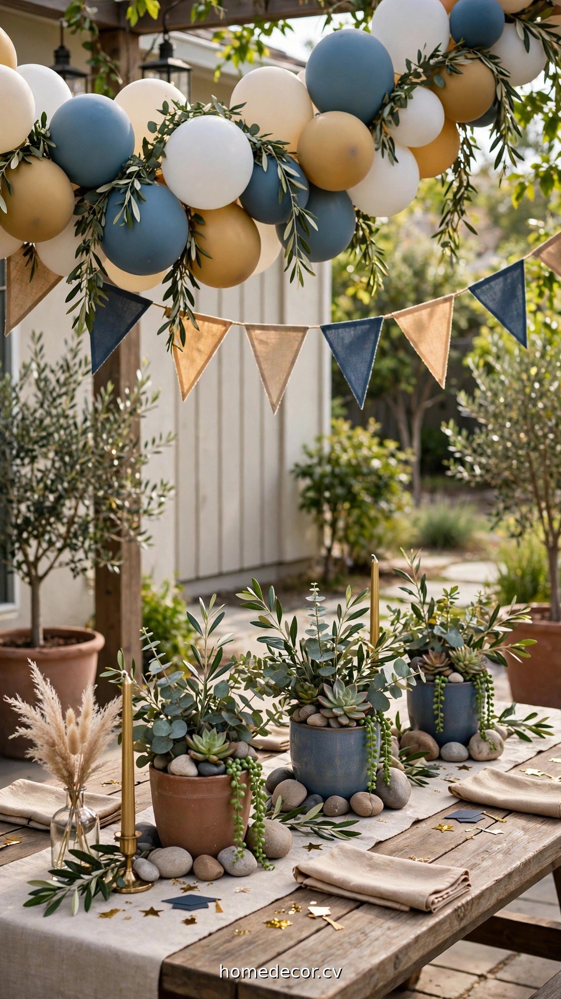 Outdoor graduation decor with balloon garland, banners and weighted table centerpieces