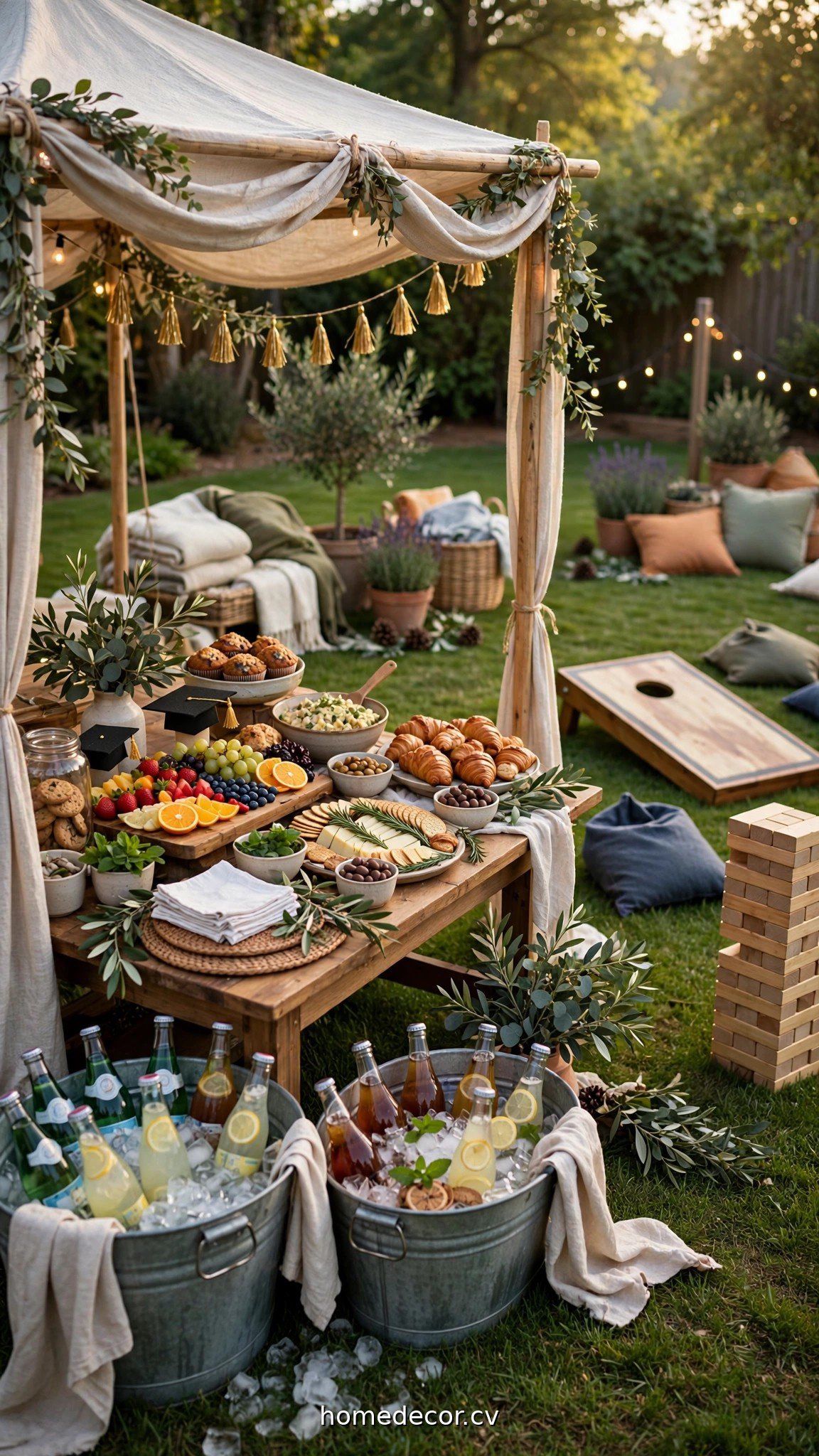 Outdoor graduation food station with drink tubs, shaded buffet and lawn games nearby