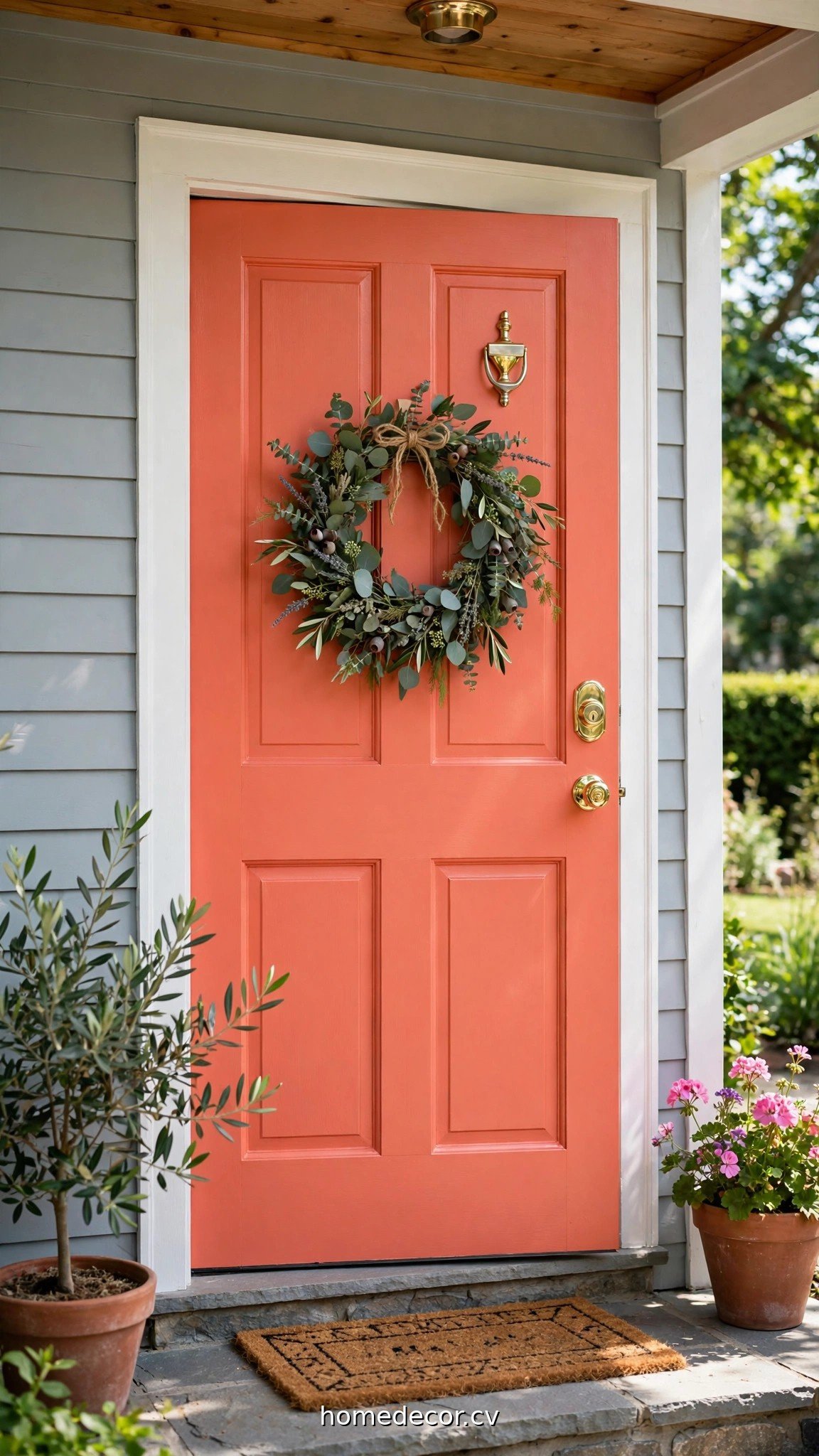 Freshly painted coral front door with new brass hardware and a summer wreath