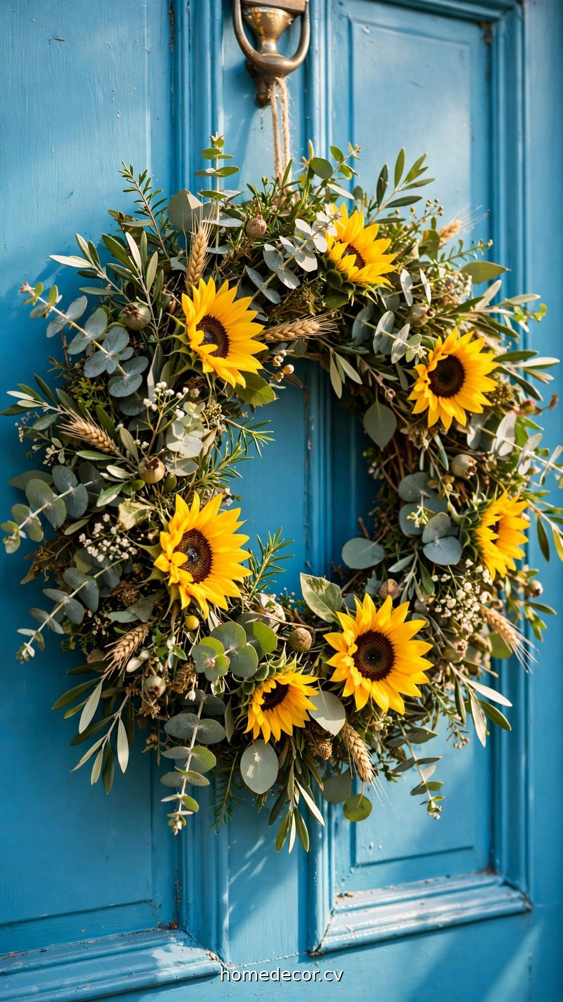 Summer wreath of eucalyptus and sunflowers hanging on a bright front door