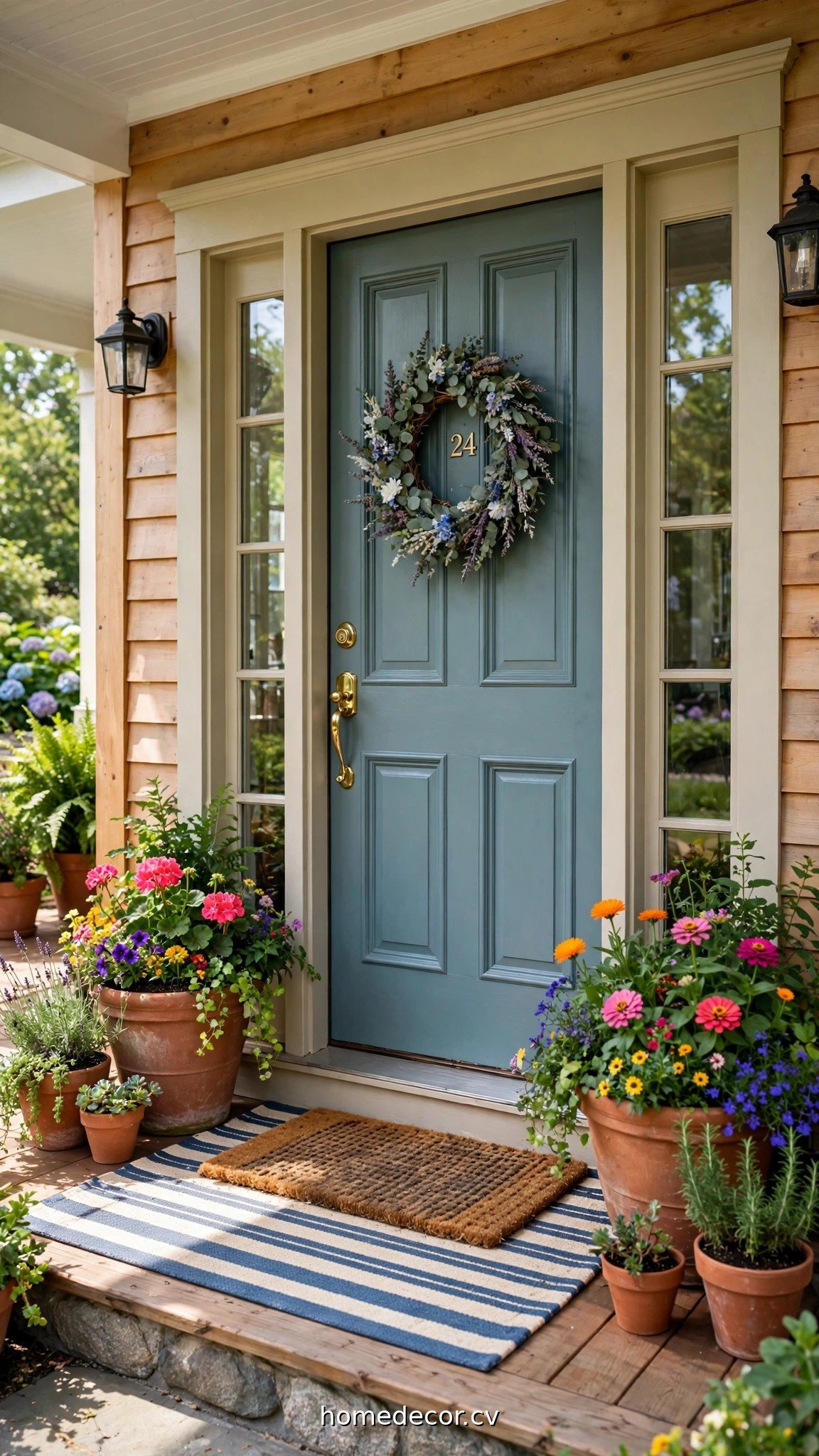 Front door flanked by colorful planters and a layered doormat