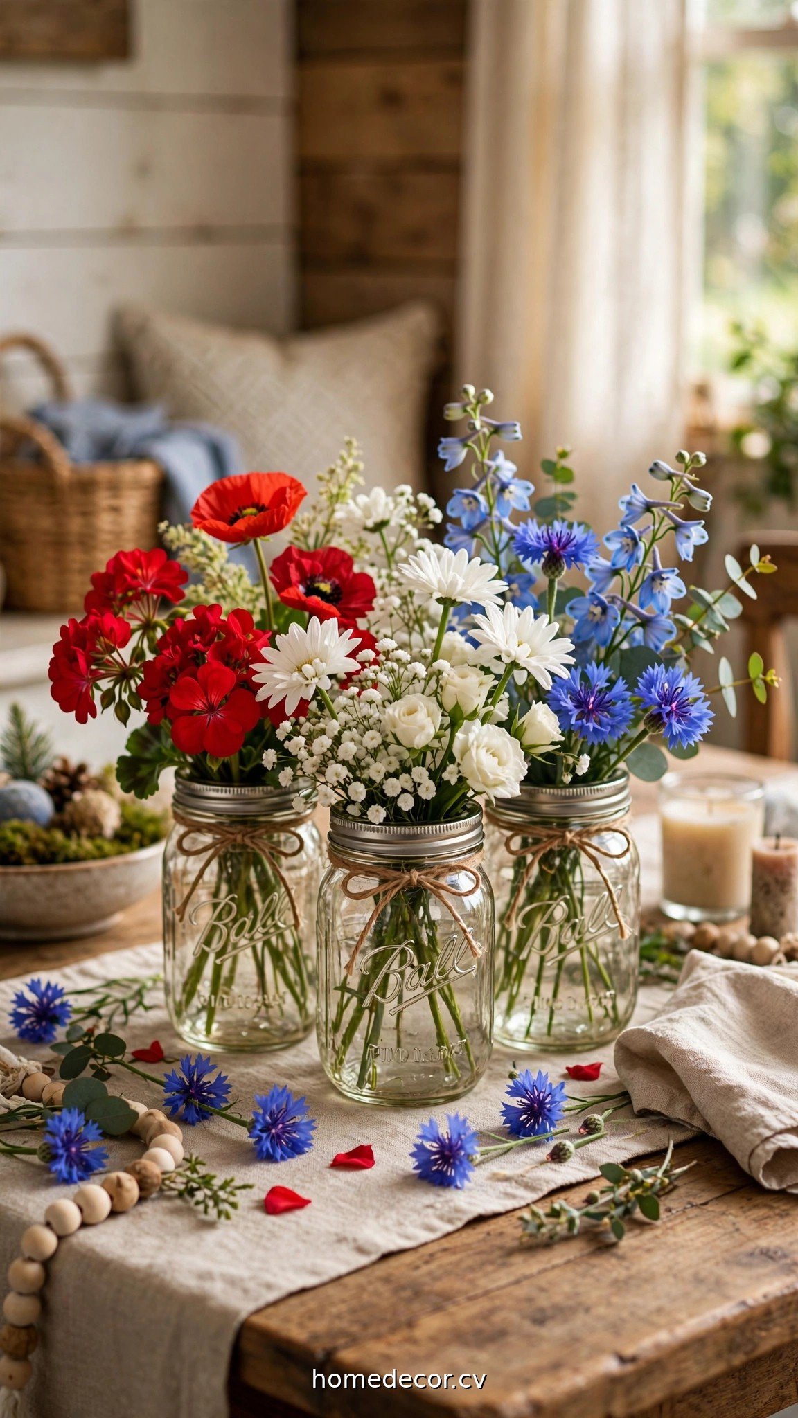 Mason jars with red white and blue flowers as a Memorial Day centerpiece