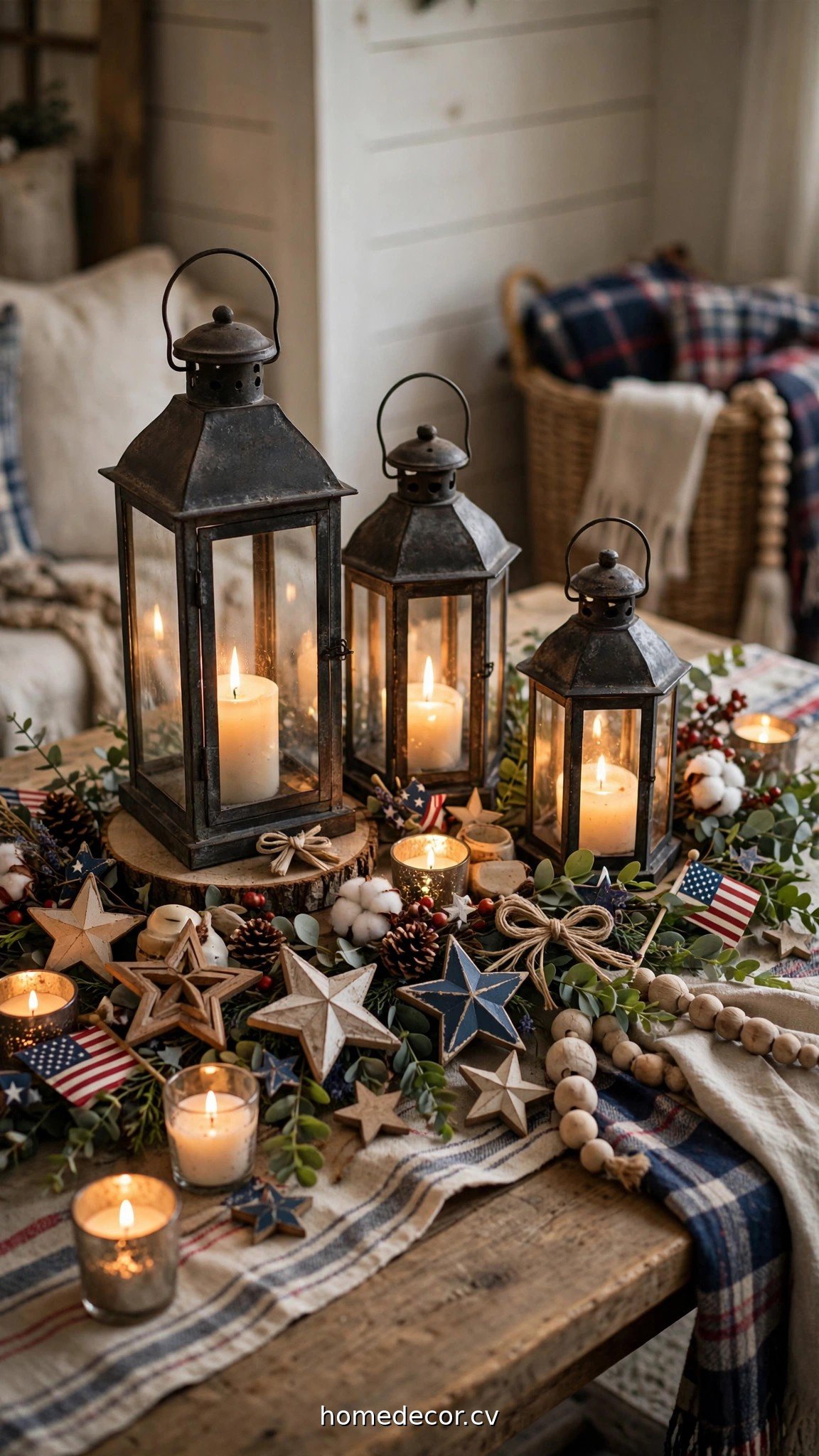 Rustic Memorial Day centerpiece with lanterns, candles and star decorations
