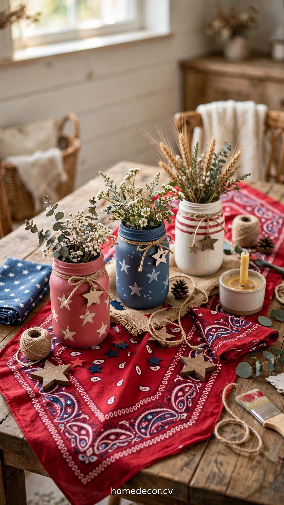 DIY Memorial Day table with painted jars, bandana runner and star decorations