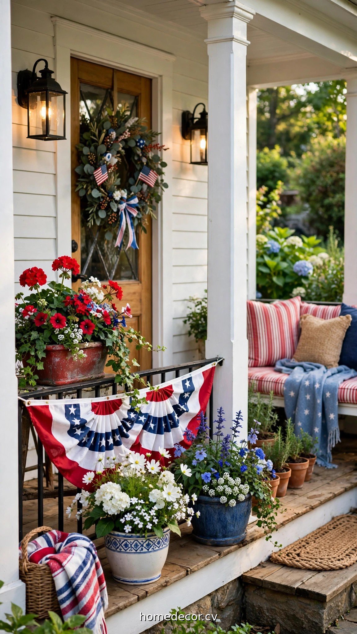 Front porch with red white and blue Memorial Day planters and bunting