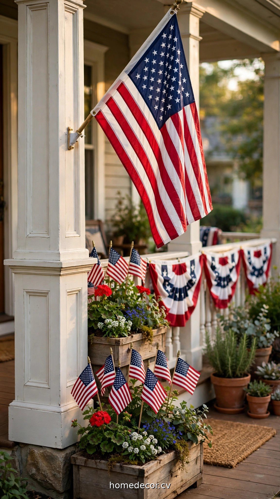 American flag on porch column with small garden flags in Memorial Day planters