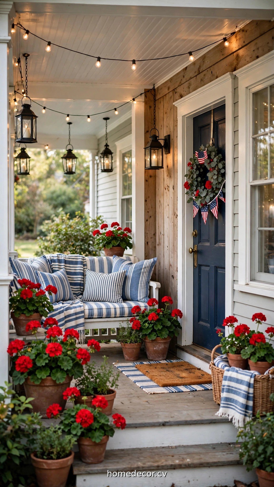 Cozy Memorial Day porch with lanterns, striped textiles and red geraniums