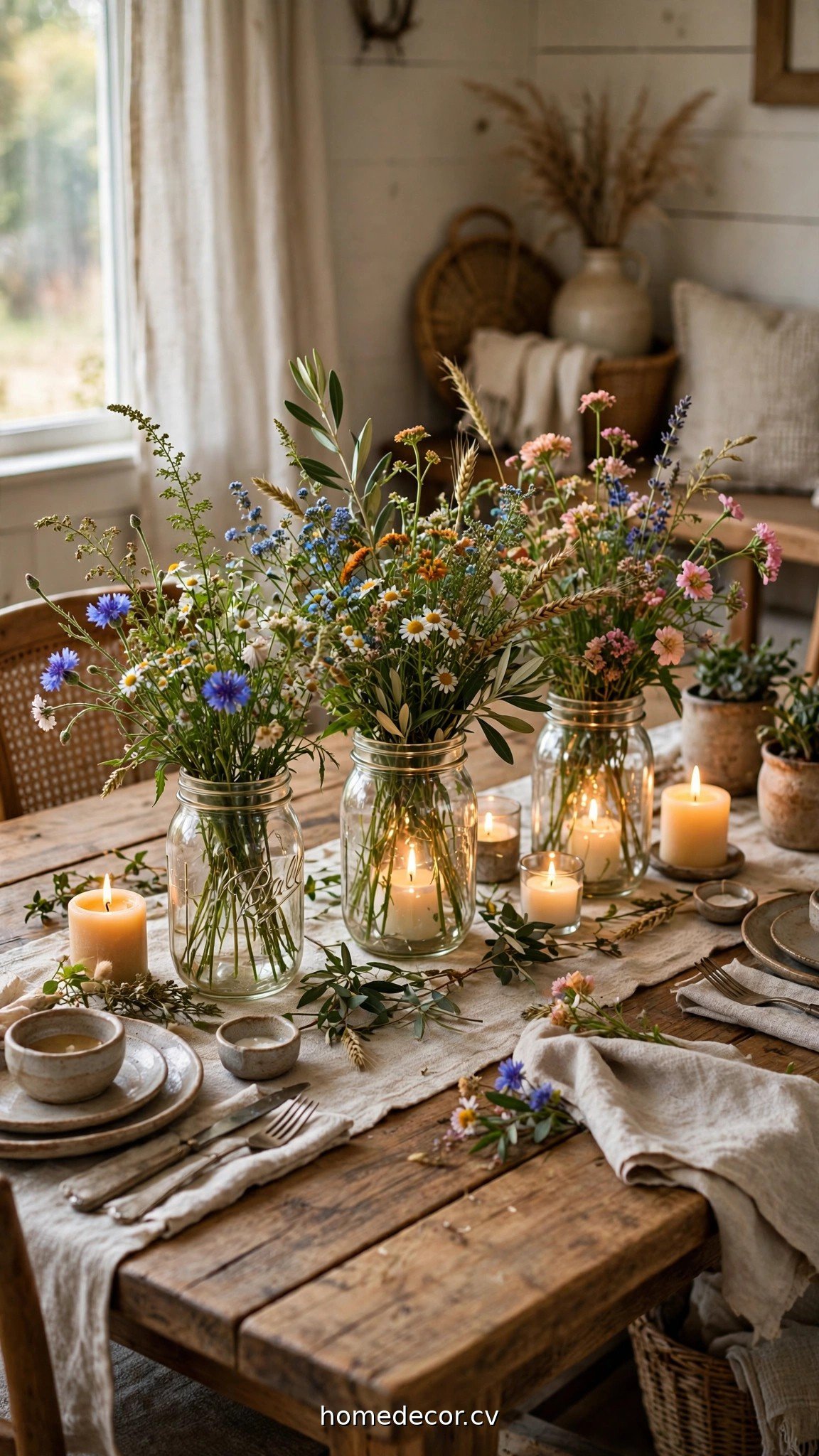 Mason jar centerpieces with wildflowers and candles on a farmhouse dining table
