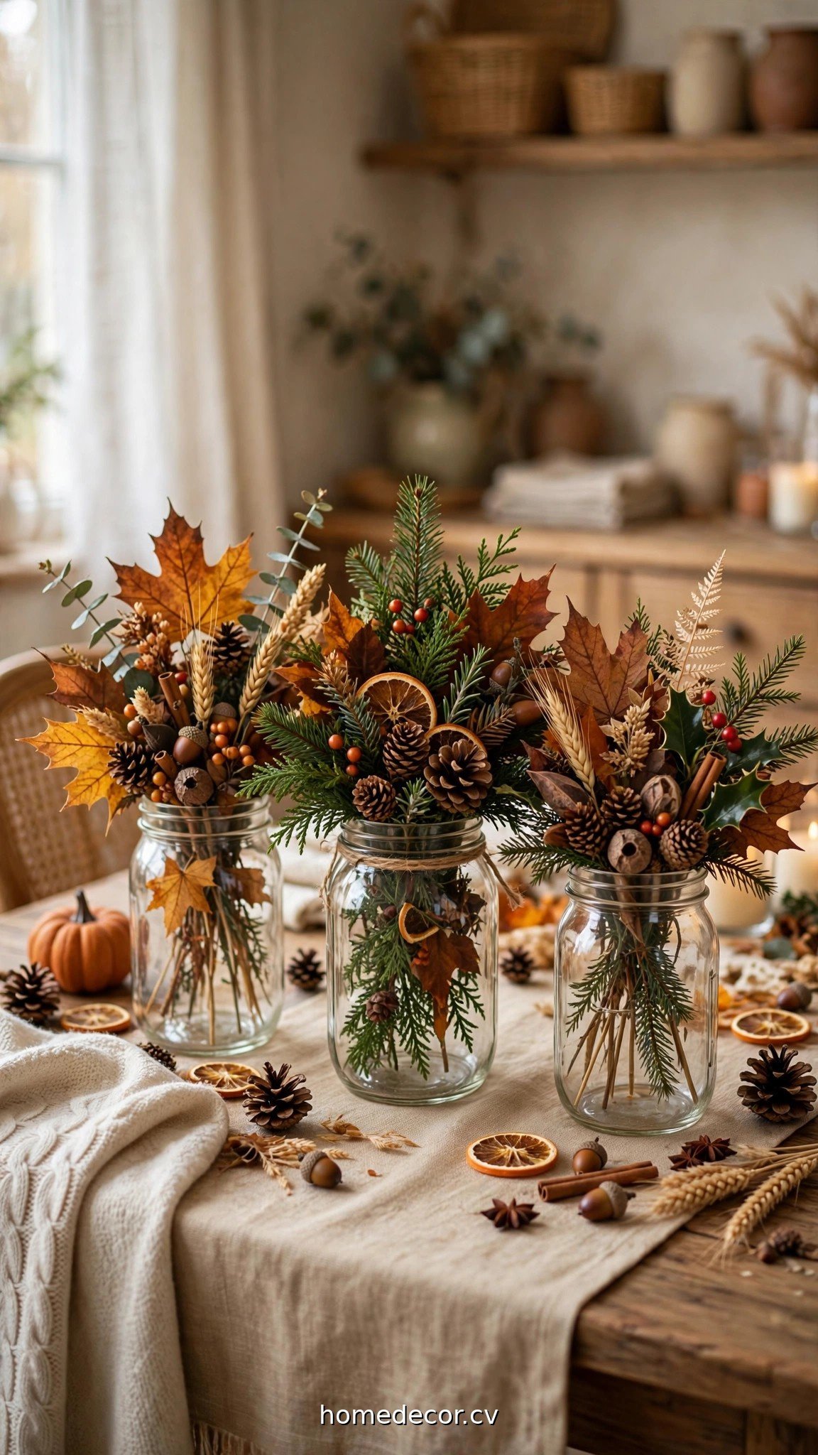 Seasonal mason jar centerpieces with fall leaves and Christmas greenery